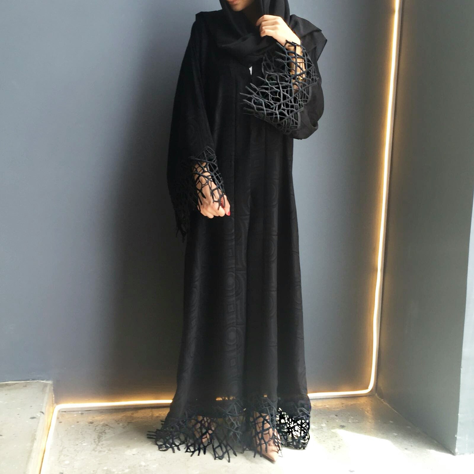 Elegant Black Abaya  in Satin Crepe With Contemporary  Lace