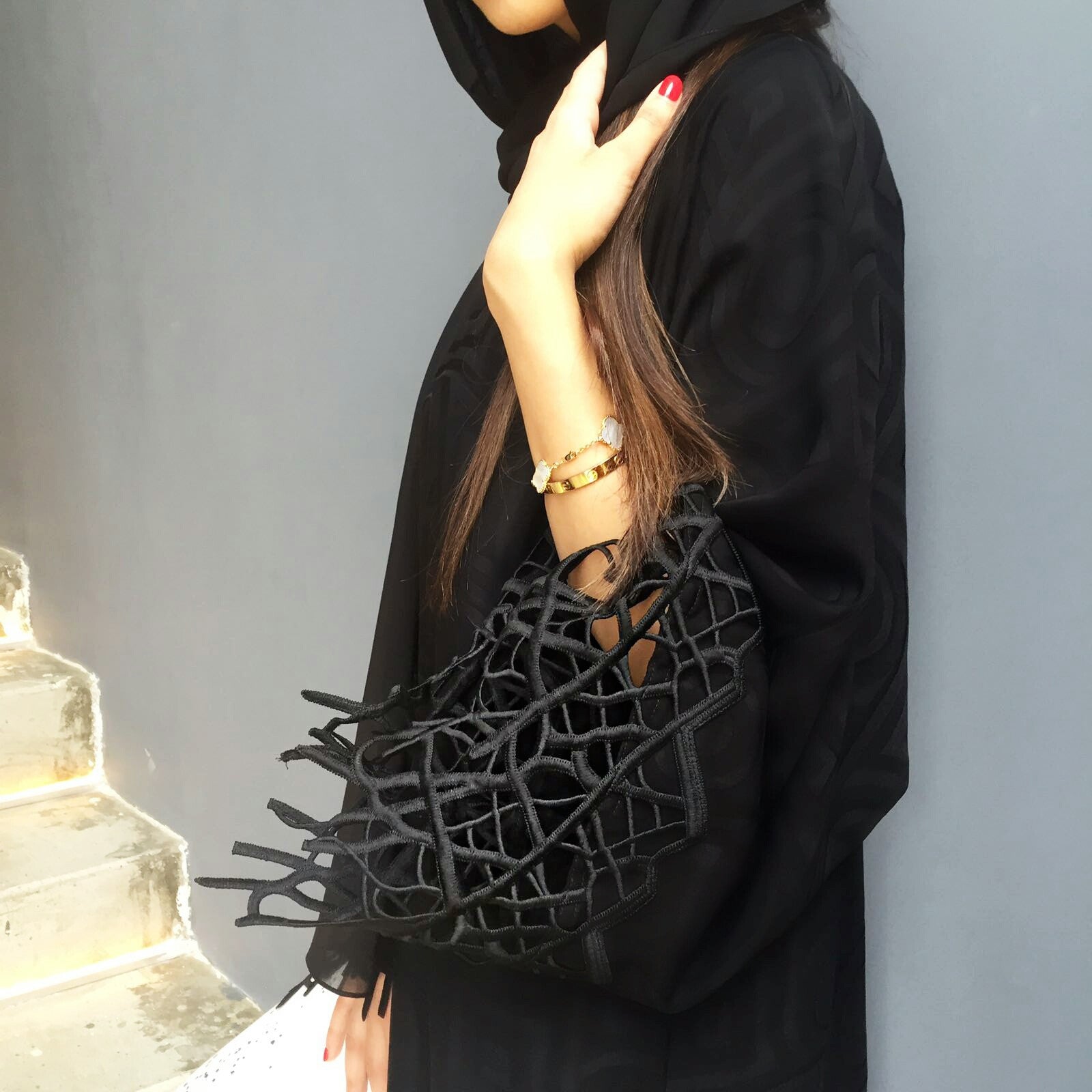 Elegant Black Abaya  in Satin Crepe With Contemporary  Lace