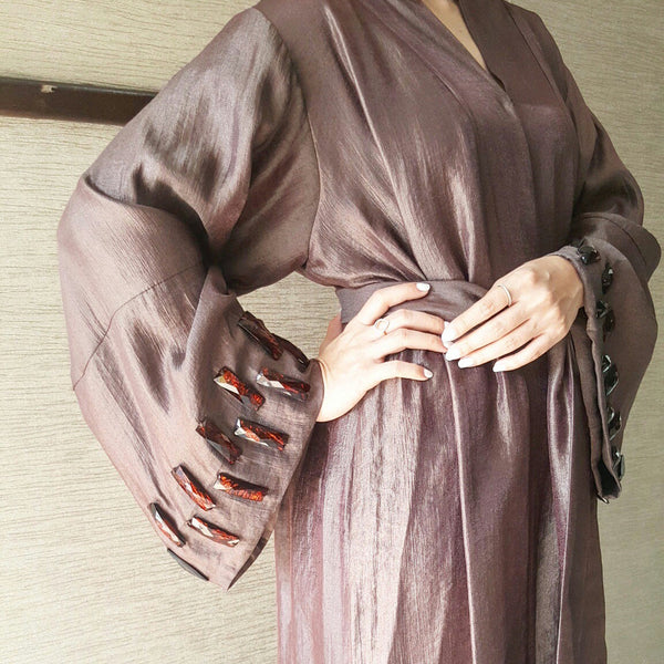 Satin Cotton Abaya in Chocolate with Glass bead Embellishments