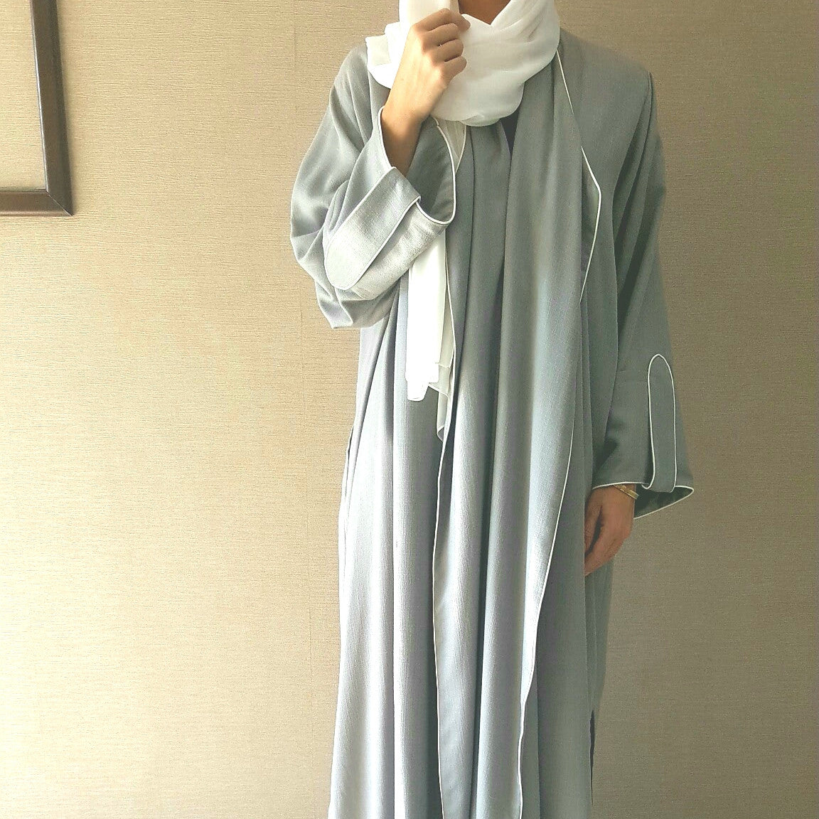 Stylish Grey Linen Abaya with White Piping