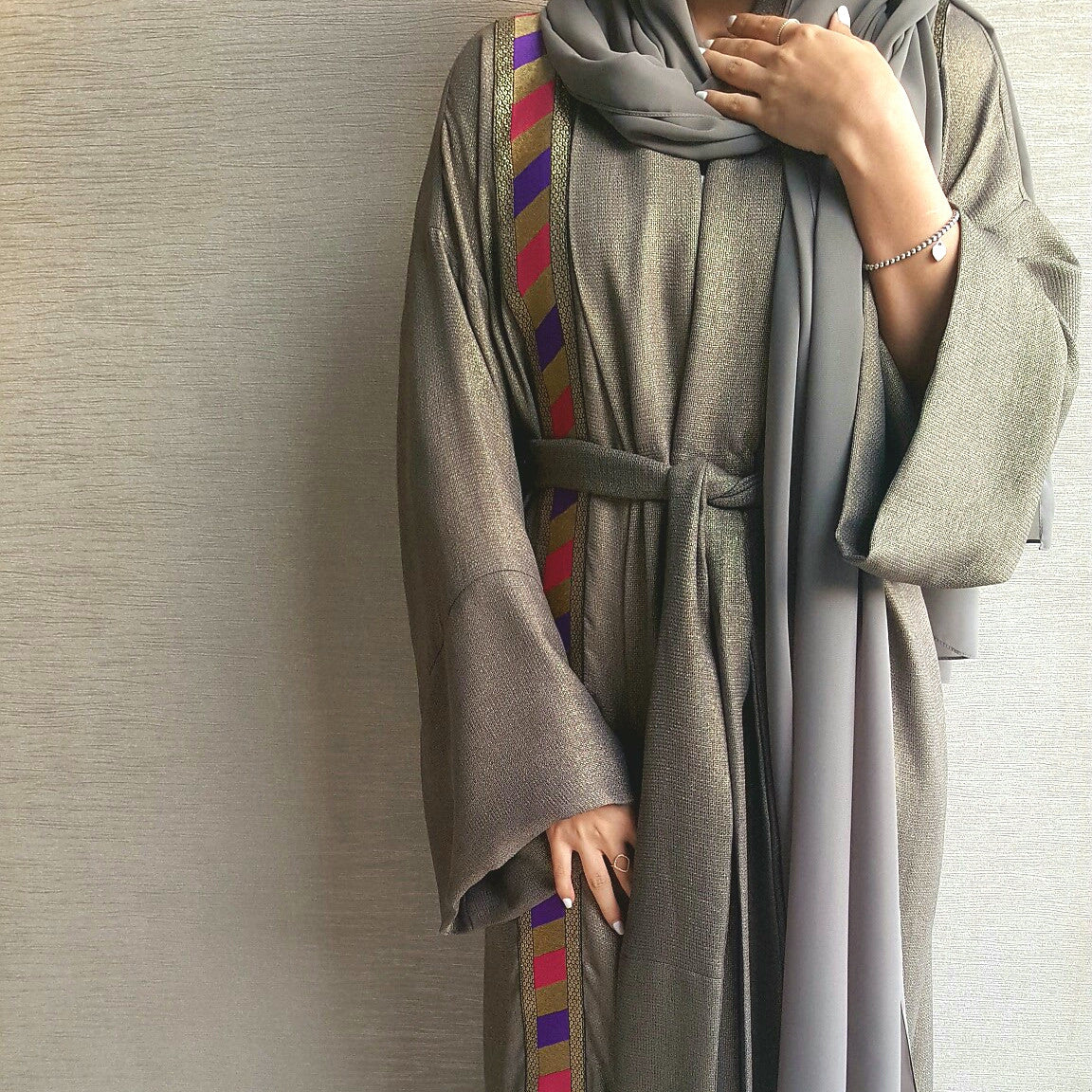 Linen Abaya in Grey Green with Elegant Detailing