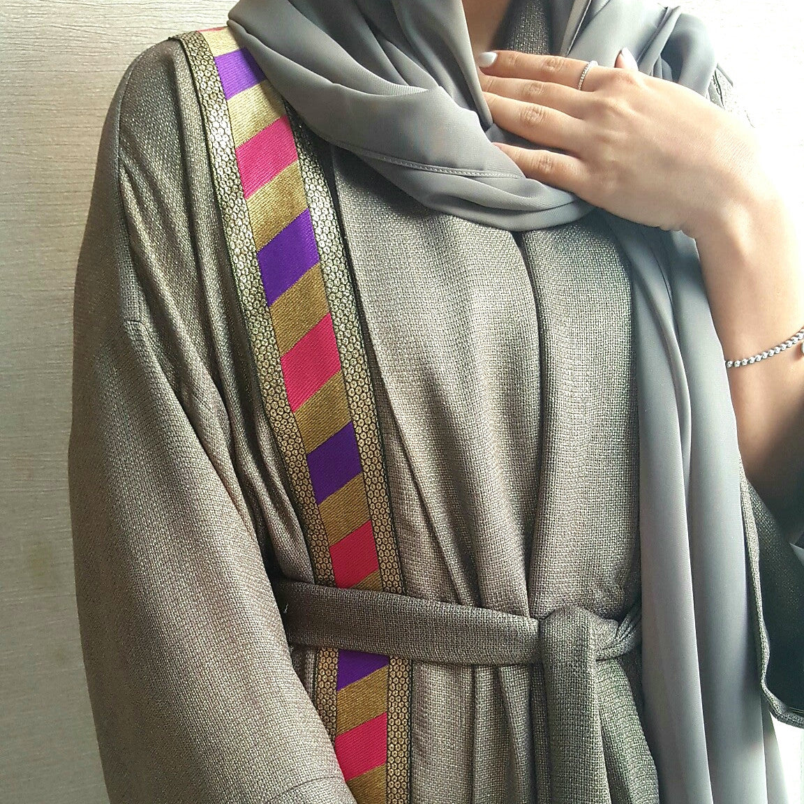 Linen Abaya in Grey Green with Elegant Detailing