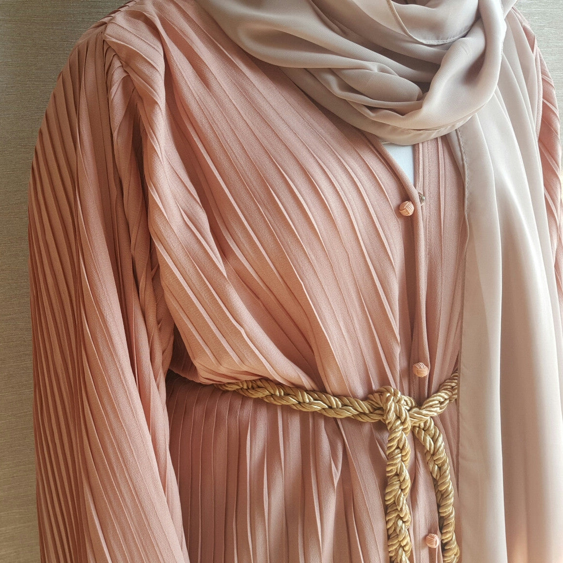 Salmon Pink Pleated Abaya Robe with robe Button & Belt