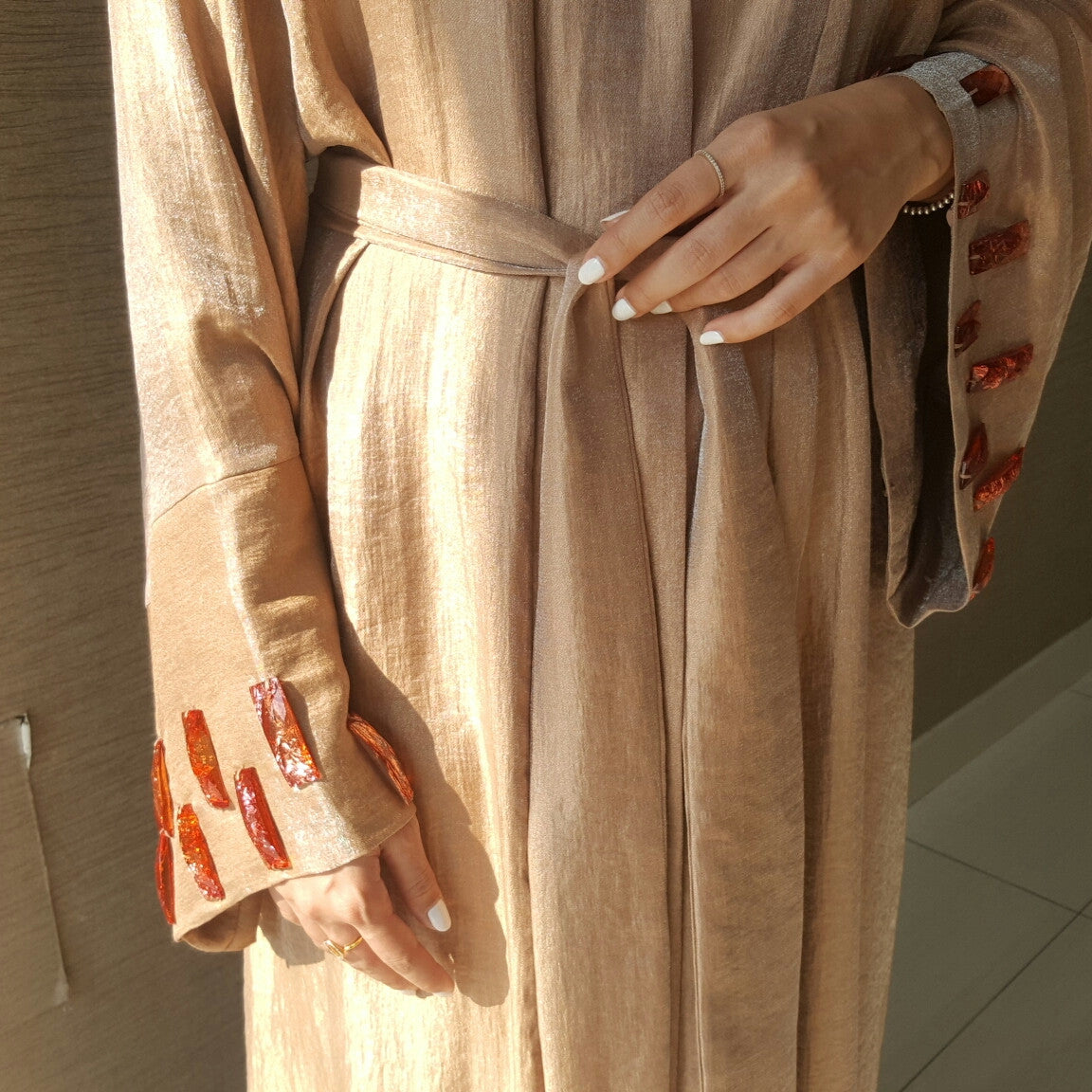 Satin cotton Classic Cut rose Gold Abaya Robe with Glass Bead Wrk