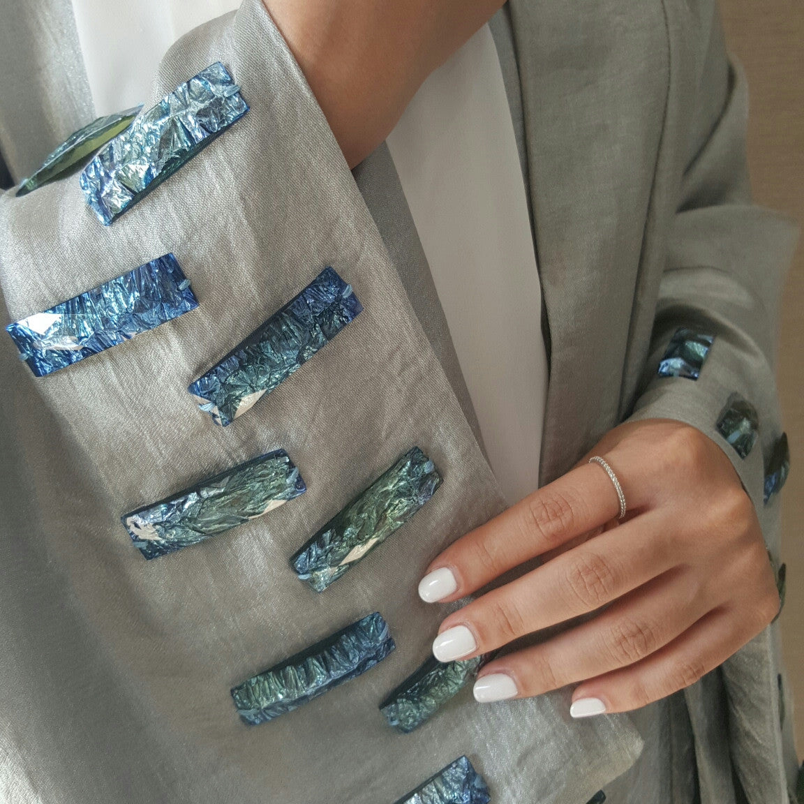 SatinCotton Classic Cut Grey Abaya with Glass Bead work