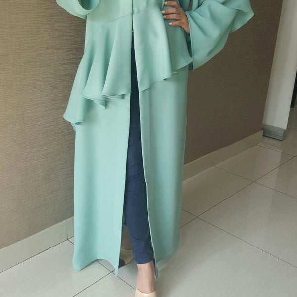 Tiffany Blue Robe Abaya in Jersey Cotton with Frill front & back With Cut Out shoulder
