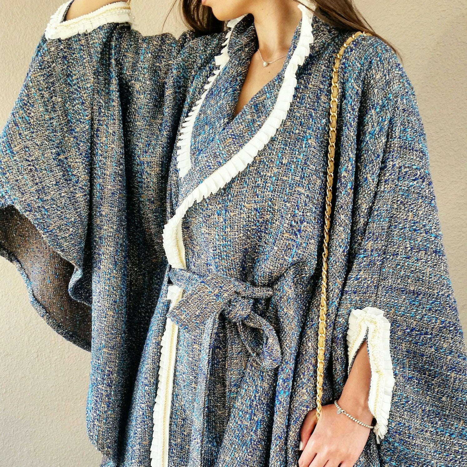 Textured Boucle Wool Cape in Shades of Blue
