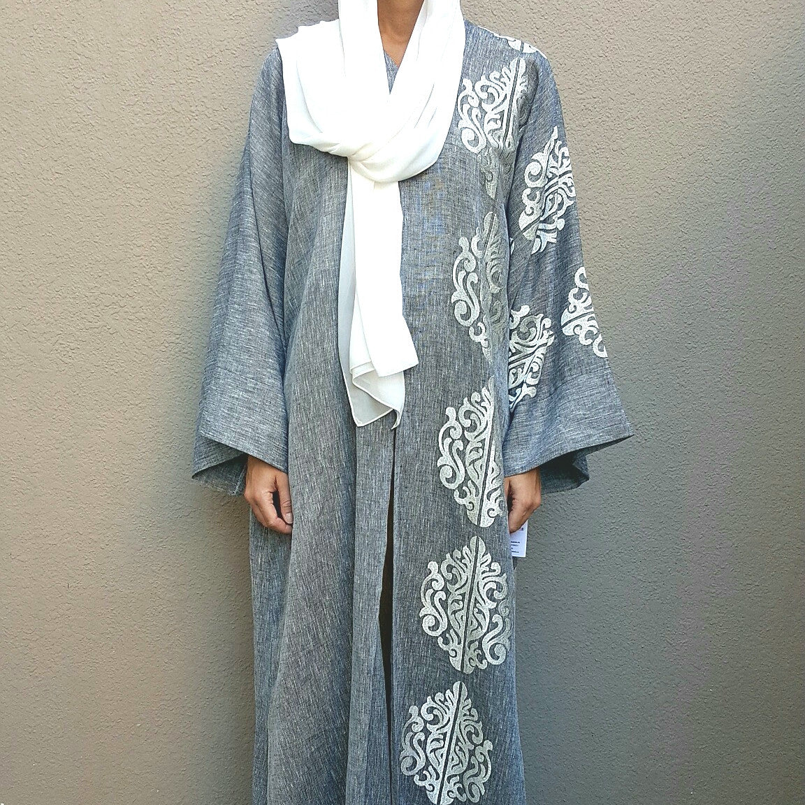 SS16 Summer Linen Bisht in Grey with Silk Embroidery