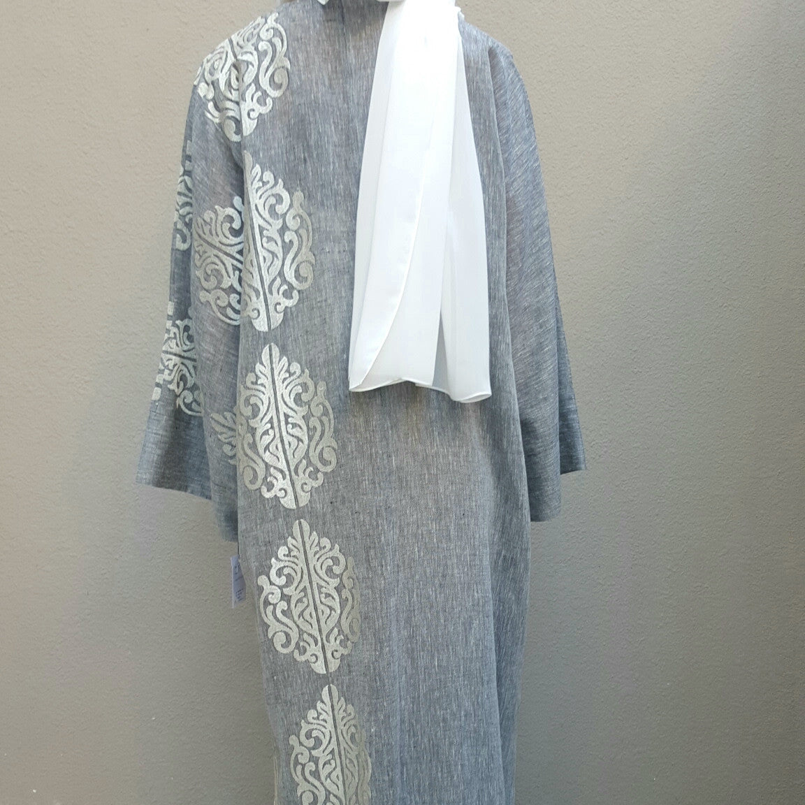 SS16 Summer Linen Bisht in Grey with Silk Embroidery