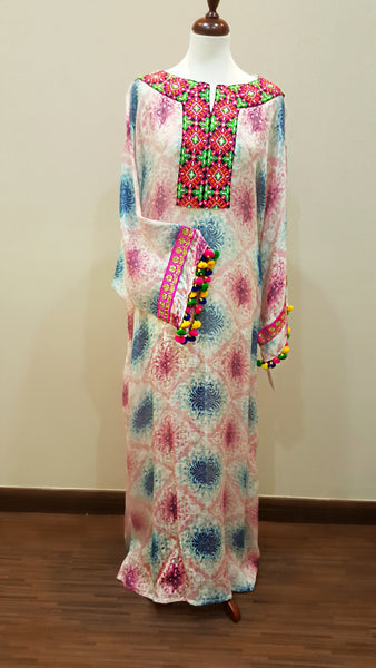 Italian Linen Kaftan with hand embroidery & pompoms