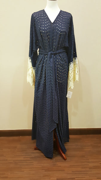 Dark Blue Eyelet Cotton Abaya With Lace