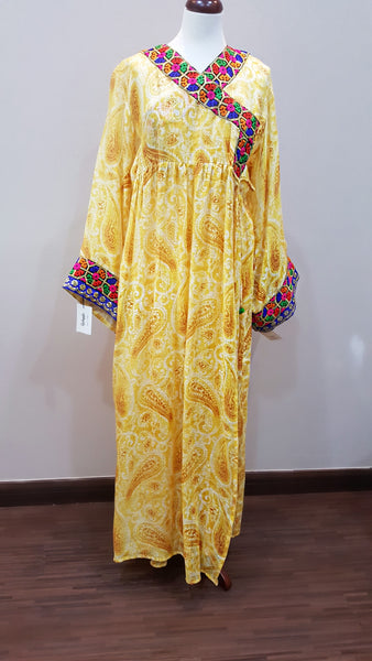 Boho Italian Linen Cross Over Dress With Ethnic Embroidery