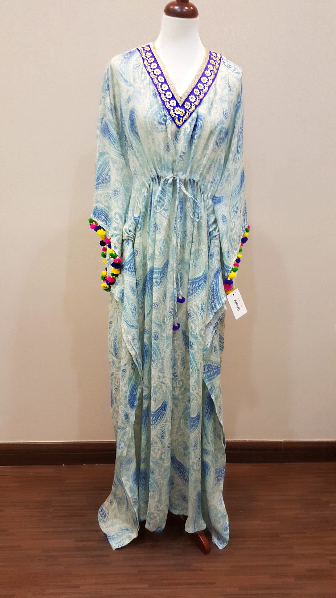Italian Printed Linen blue Kaftan with Indian Embroidery