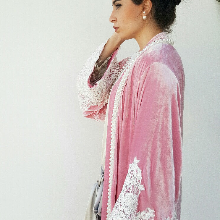 SS17 Candy Pink Silk Velvet Wedding Abaya with Pearls & Lace