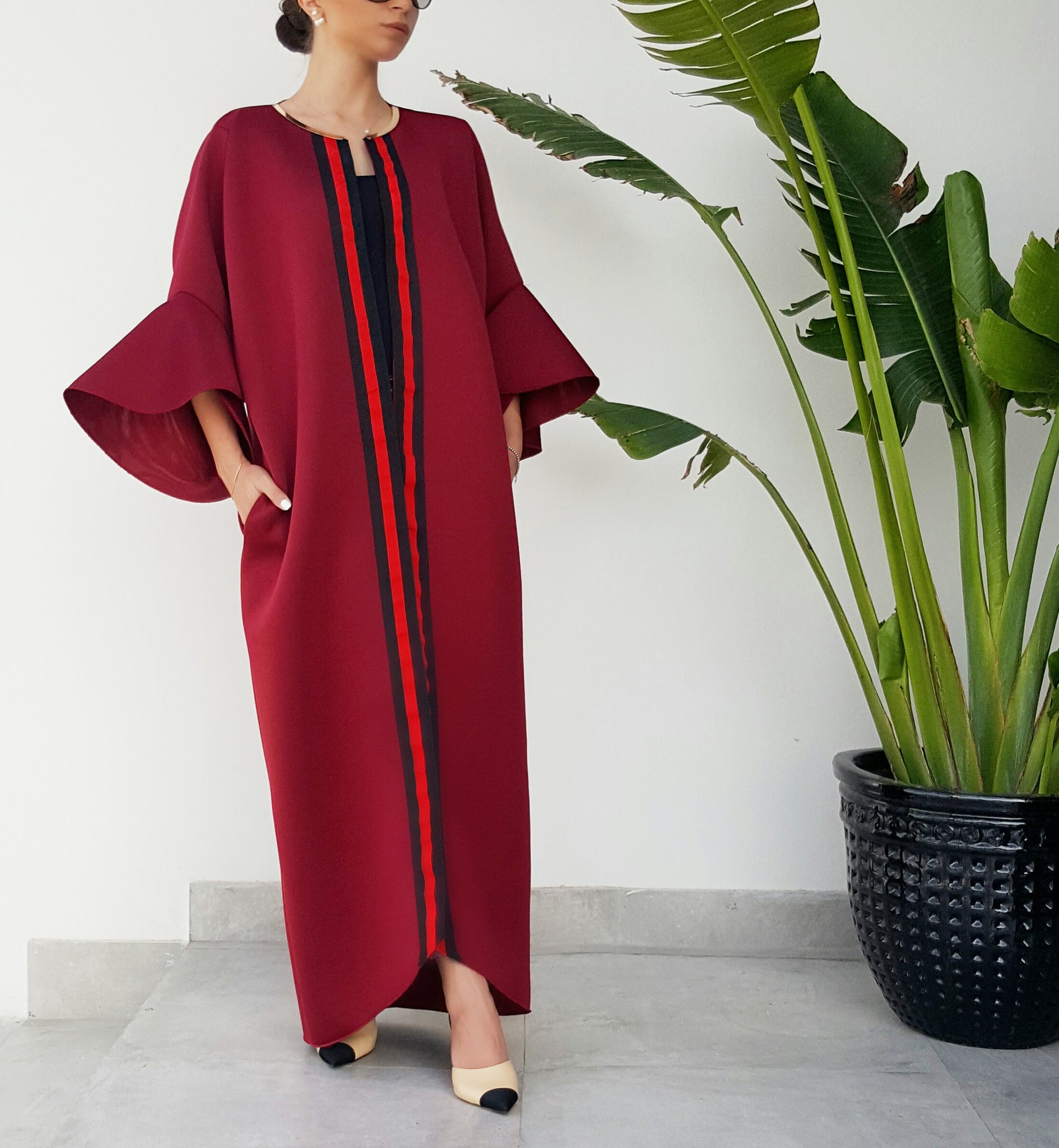 Qabeela Deep Red Sportsluxe Abaya with Metal Detailing