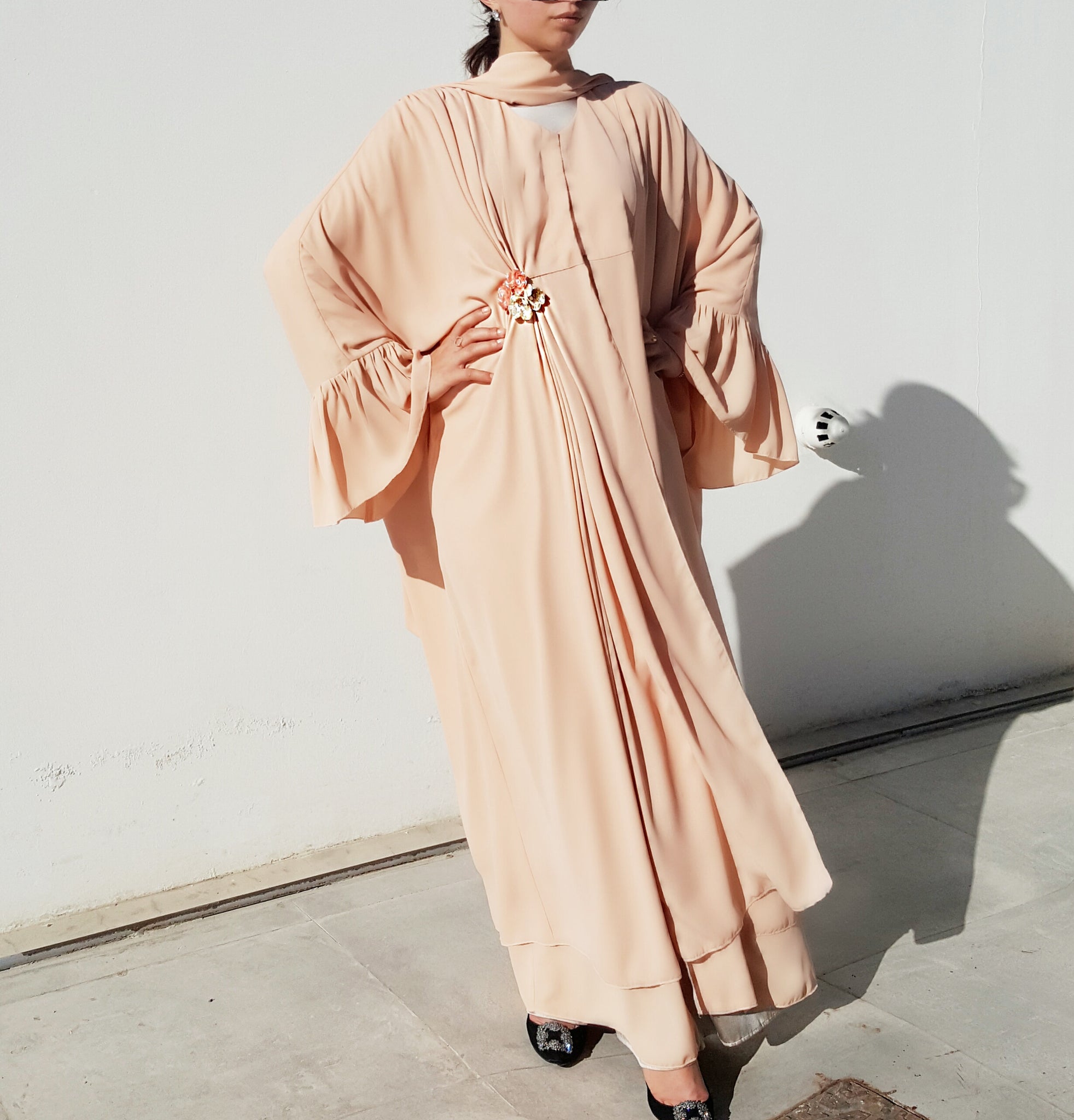 one sided drape abaya kaftan in Nude