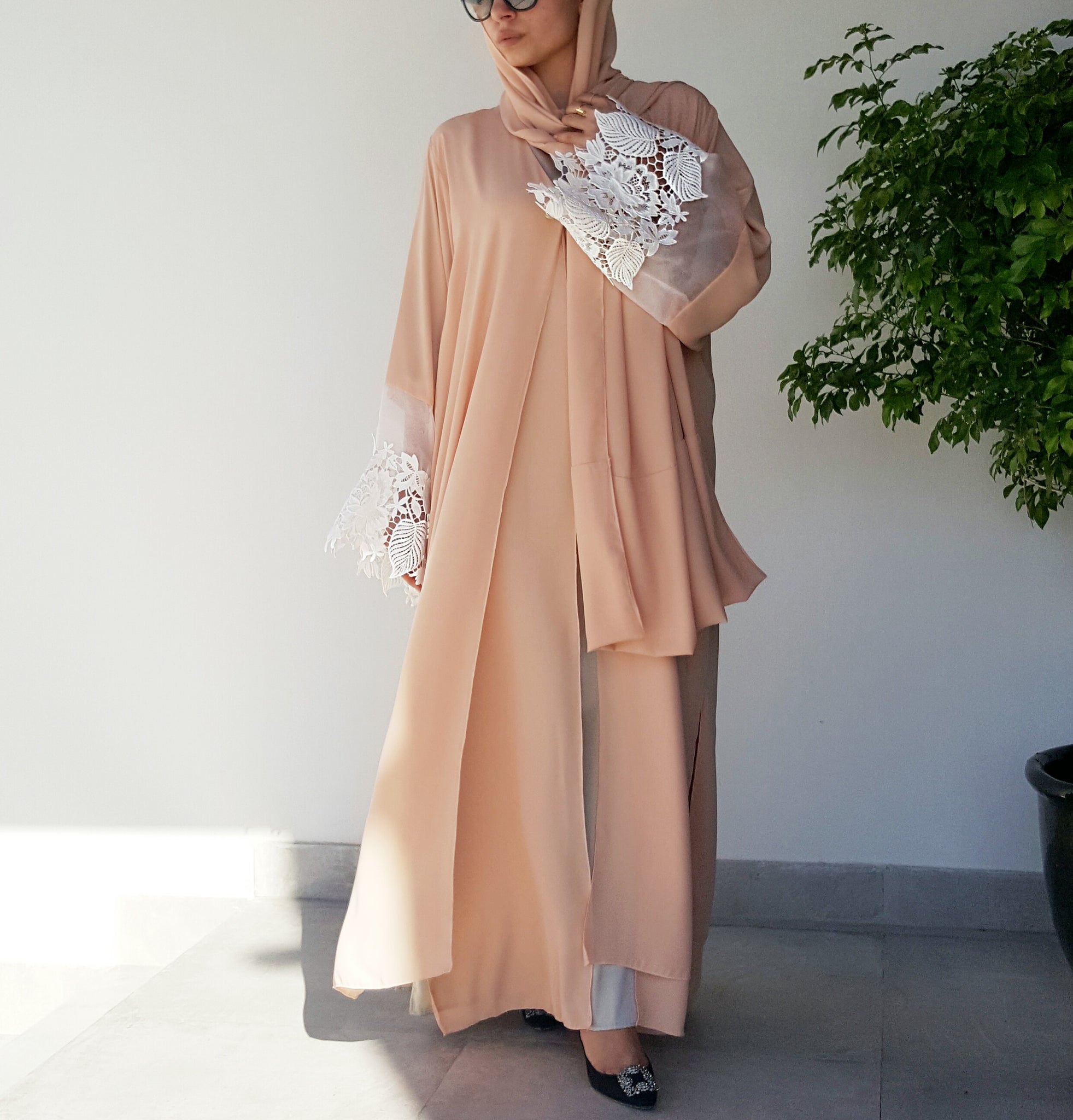 nude with white lace abaya
