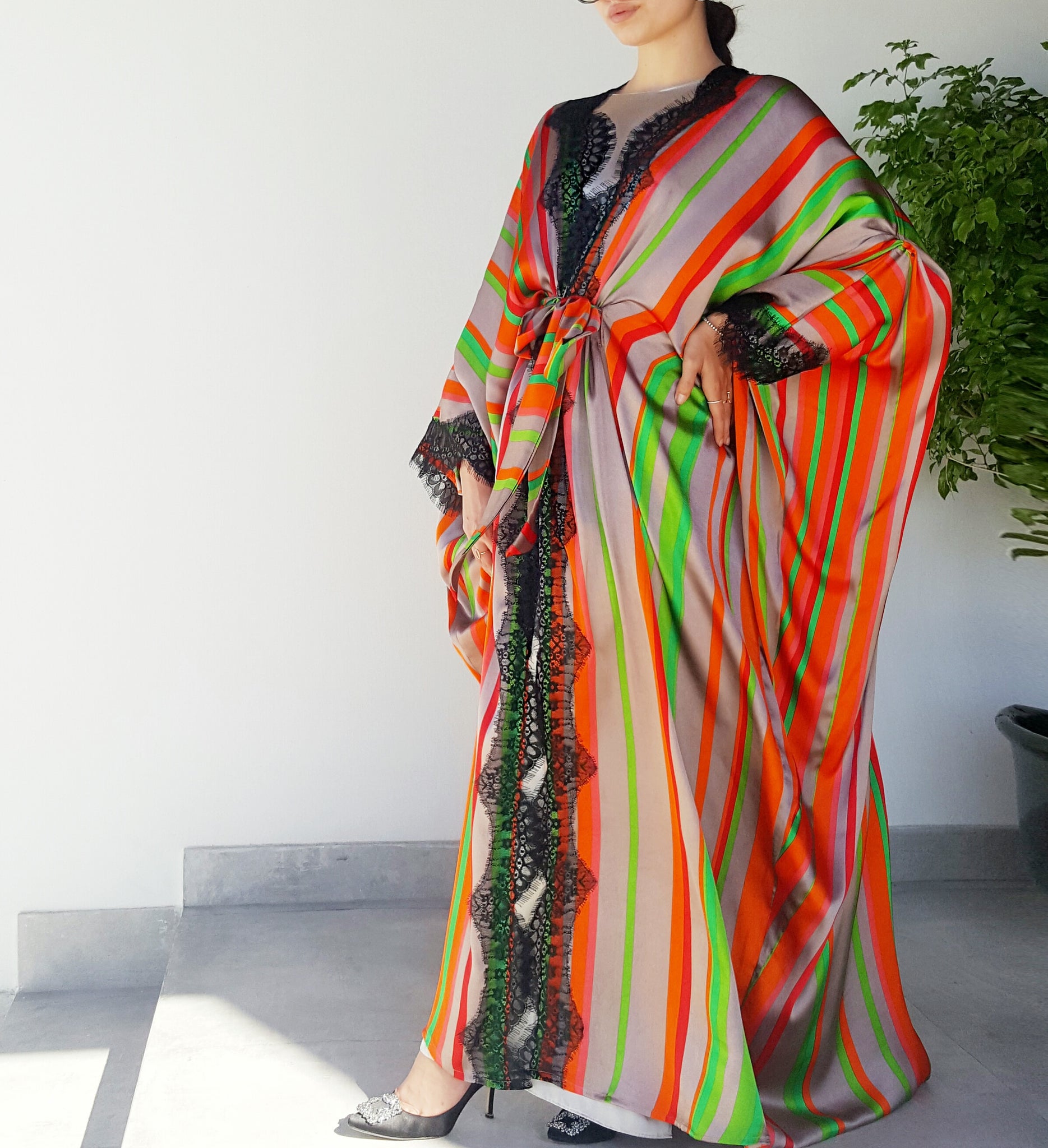 Ramadan 17 Bright Silk Striped Luxury caftan Abaya with French Lace