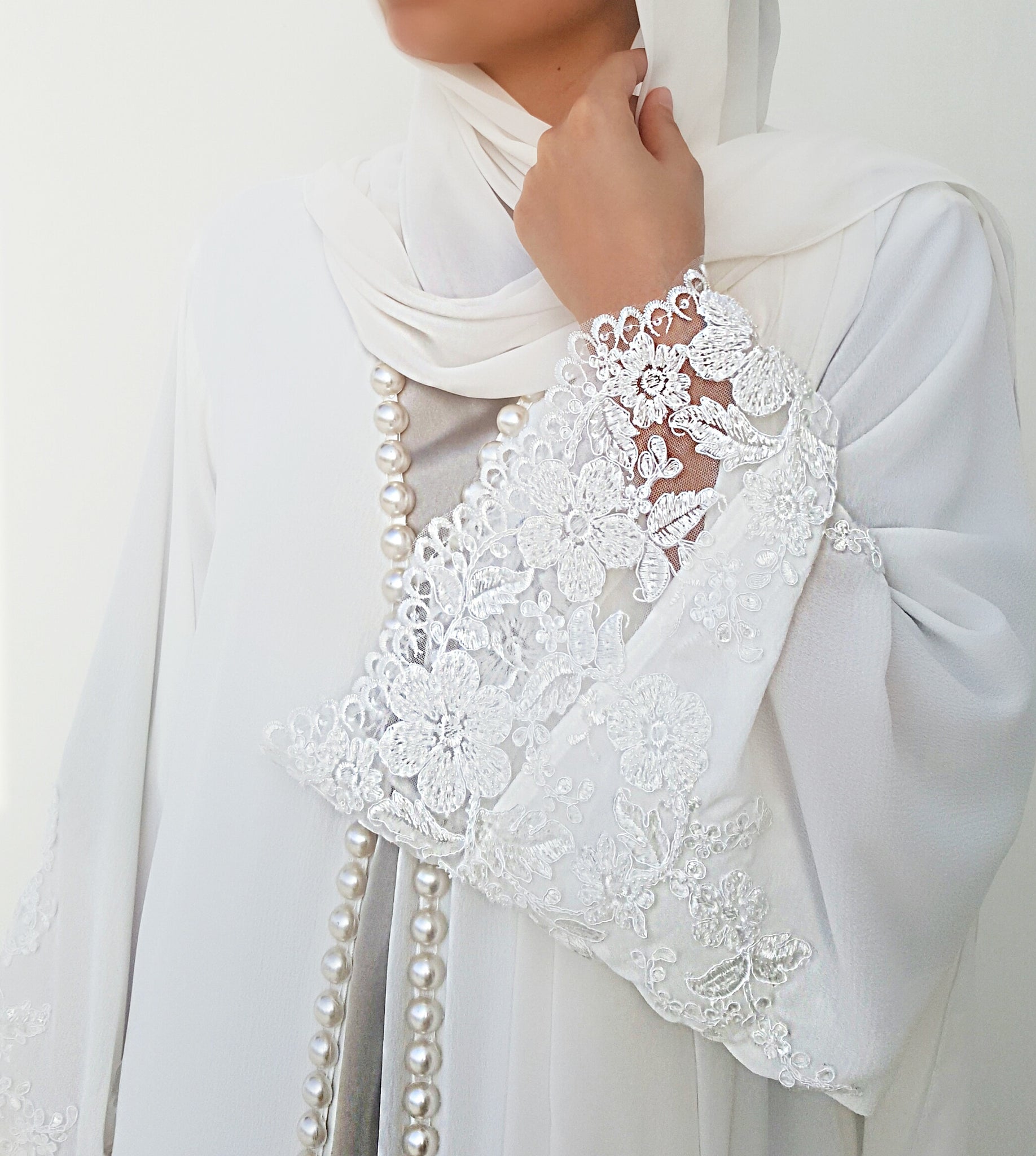 Ramadan 17 White on White Georgette, Lace & Pearl Abaya