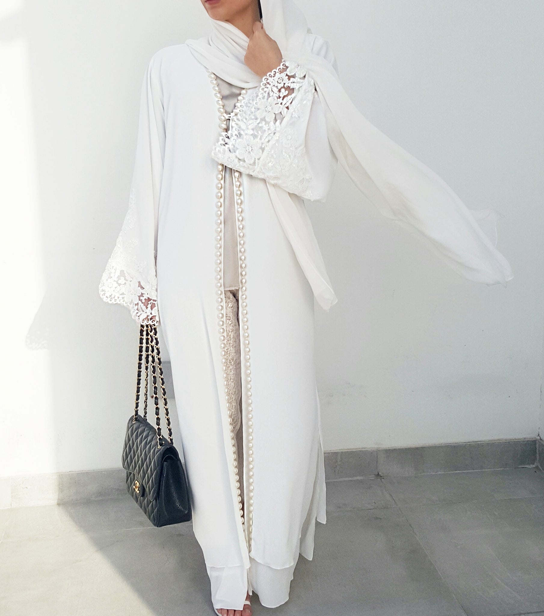 Ramadan 17 White on White Georgette, Lace & Pearl Abaya