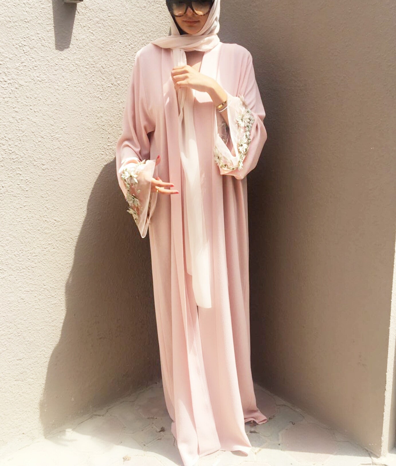 Ramadan 17 Blush Pink Crepe Georgette Abaya with Silver Applique Tulle