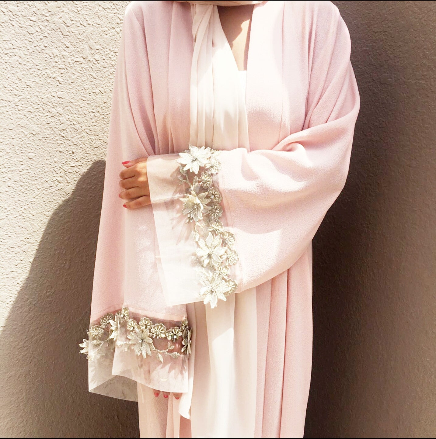 Ramadan 17 Blush Pink Crepe Georgette Abaya with Silver Applique Tulle