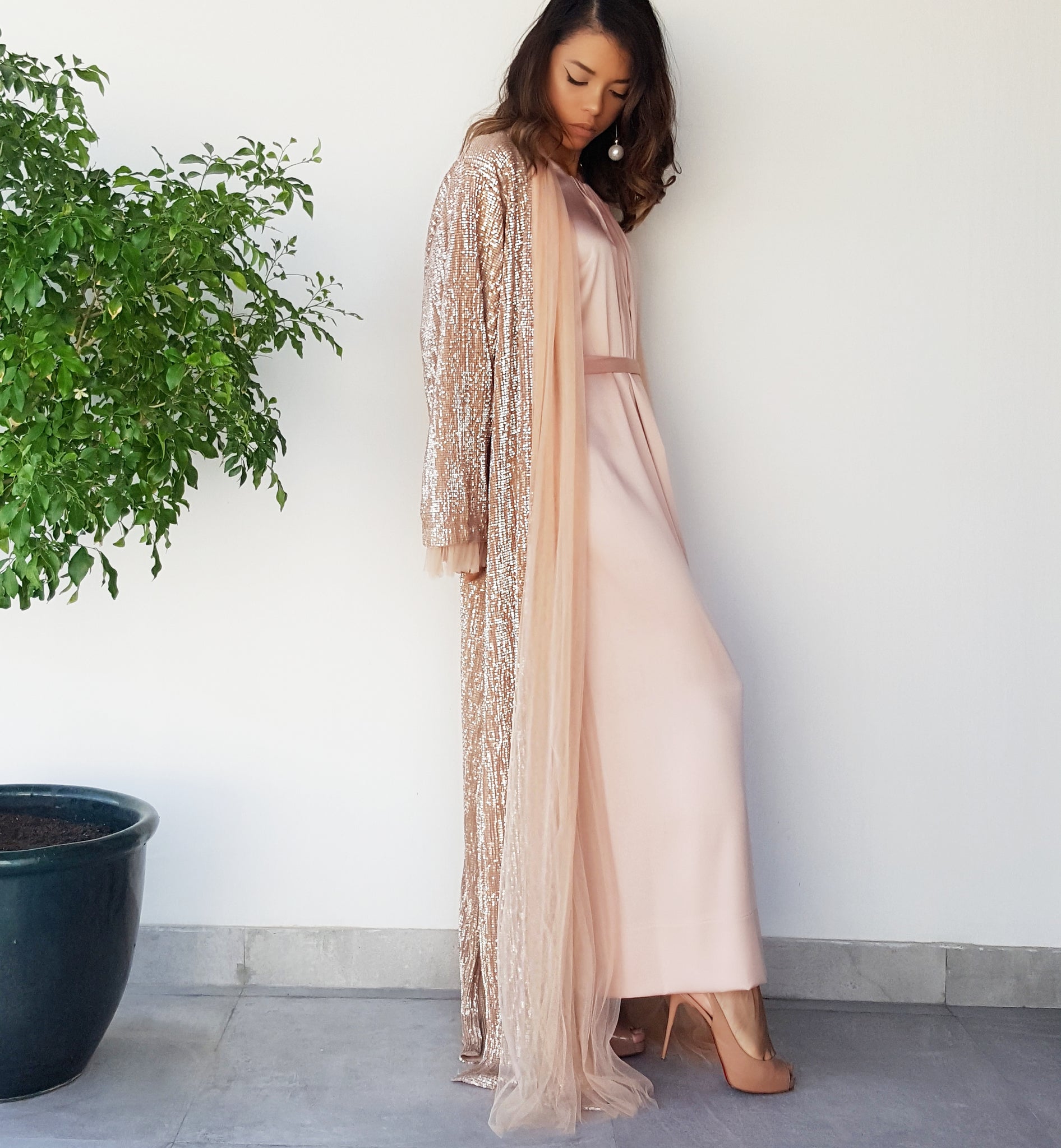 QABEELA SS18 PLEATED TULLE SEQUINS PEACH ABAYA IN NUDE WITH TULLE TIE