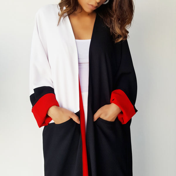 AW17 MONOCHROME WITH RED LINING ABAYA WITH POCKETS