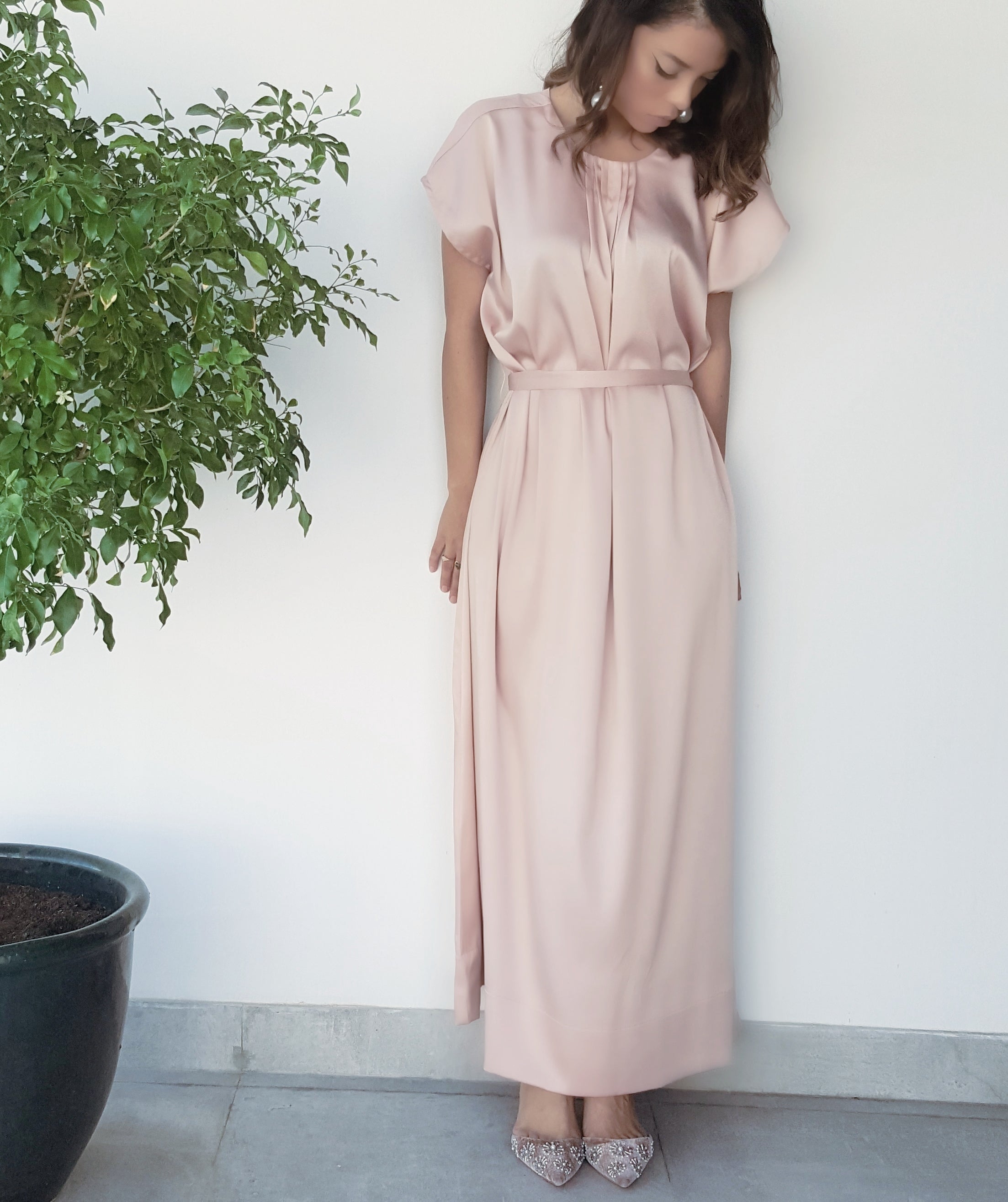 SS18 SATIN SILK MIX PEACH NUDE SHORT SLEEVE BELTED TUNIC