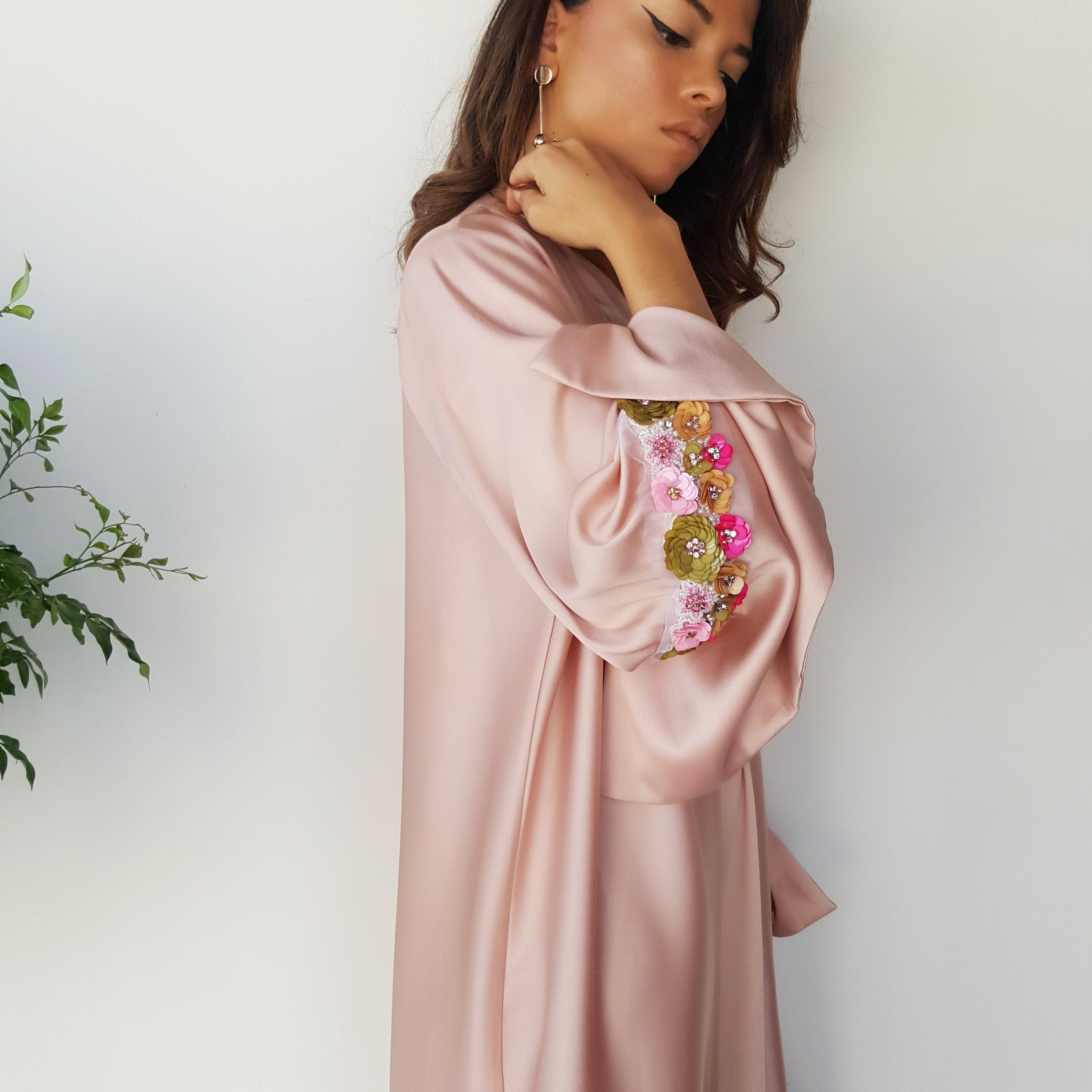 SS18 MATT SATIN PEACH ABAYA WITH SEQUINS