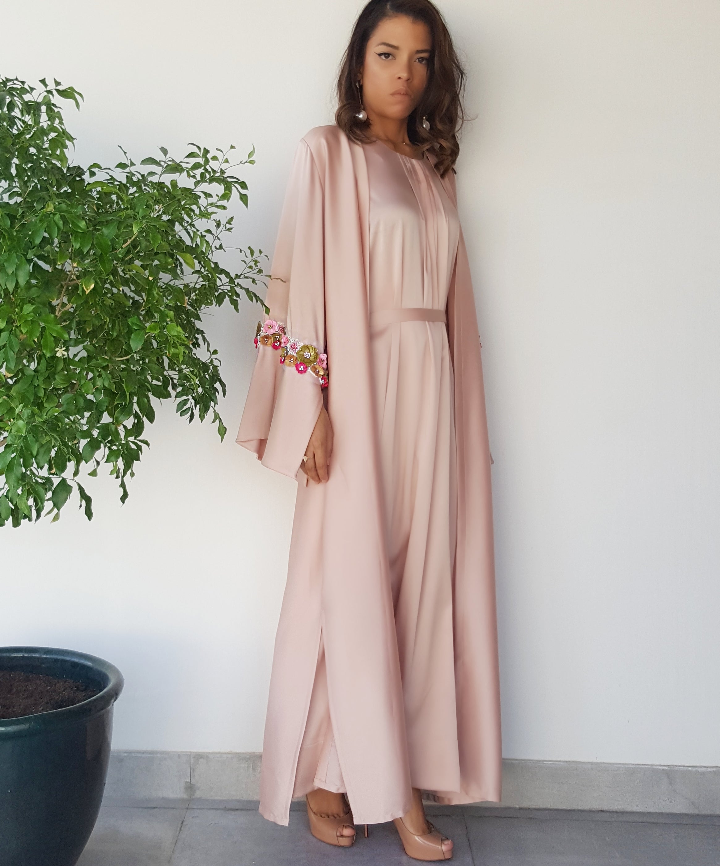 SS18 MATT SATIN PEACH ABAYA WITH SEQUINS