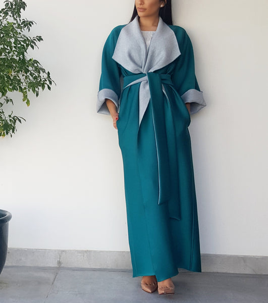 AW17 2 TONE TEAL & GREY OVERLAP SCROLL COLLAR ABAYA IN NEOPRENE