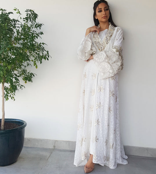 Qabeela Bridal Abaya in Off White Hand Embroidered With Matt gold Embellishments