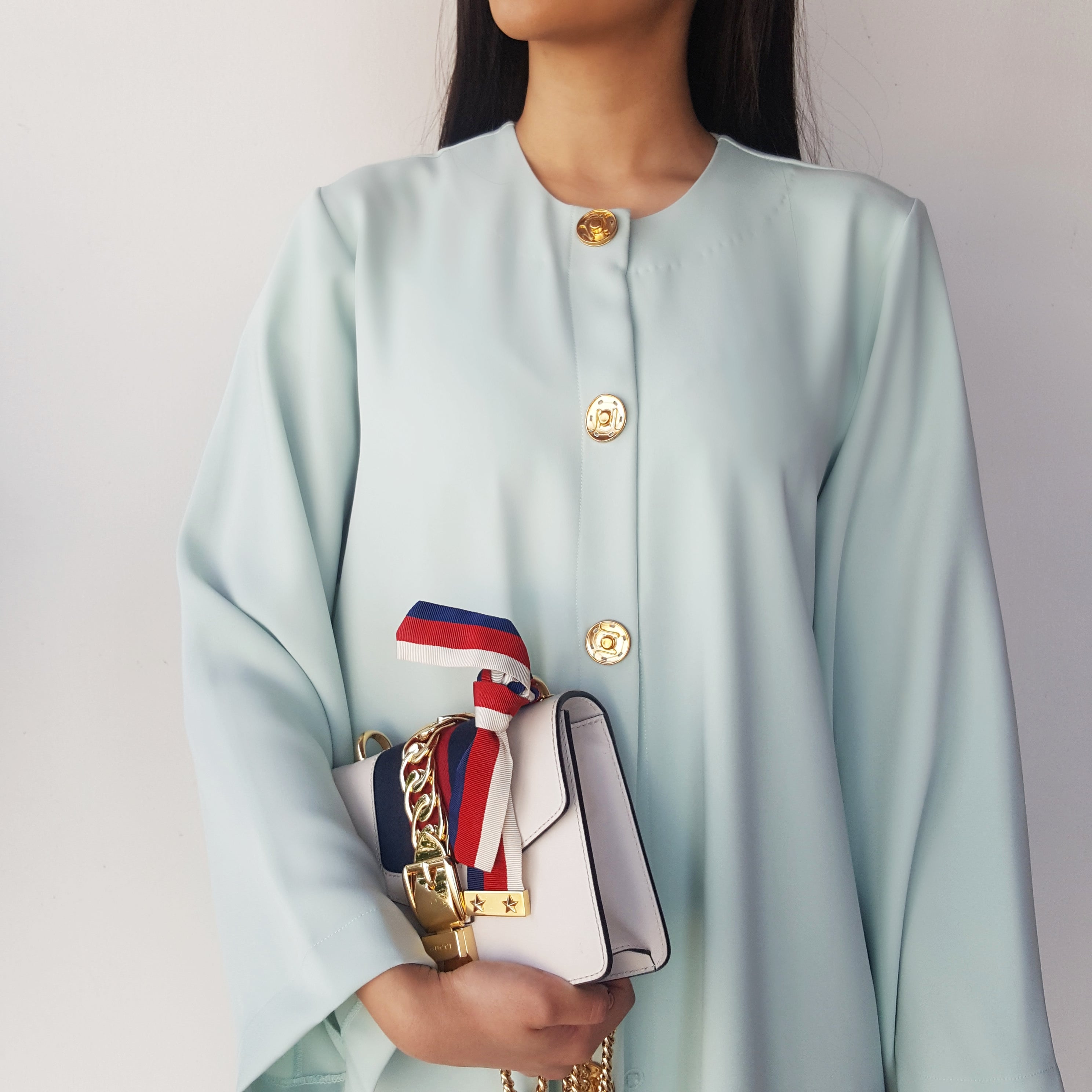 SS18 TIFFANY BLUE CREPE ABAYA WITH MATT GOLD BUTTON DETAILING & SNOOD