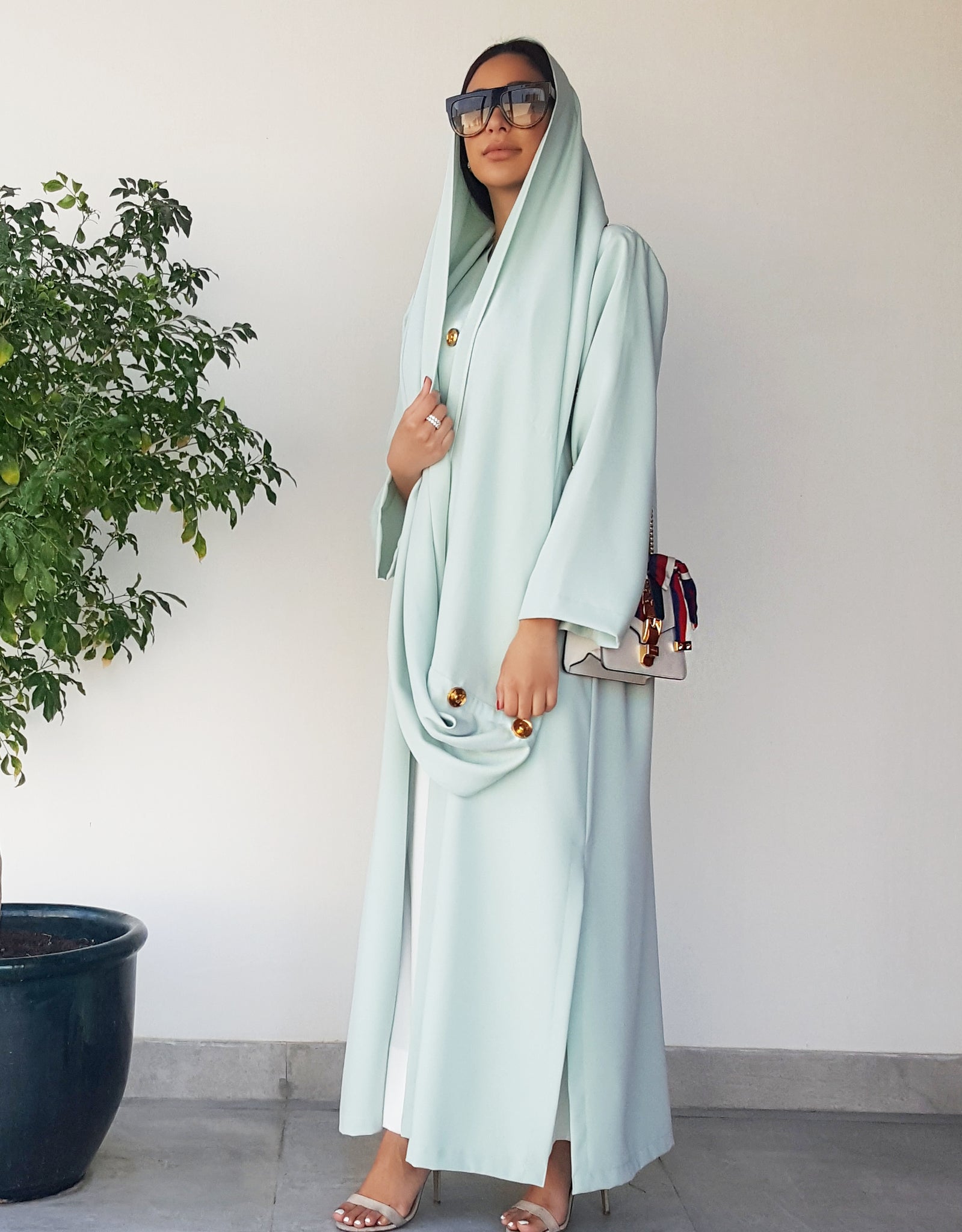 SS18 TIFFANY BLUE CREPE ABAYA WITH MATT GOLD BUTTON DETAILING & SNOOD