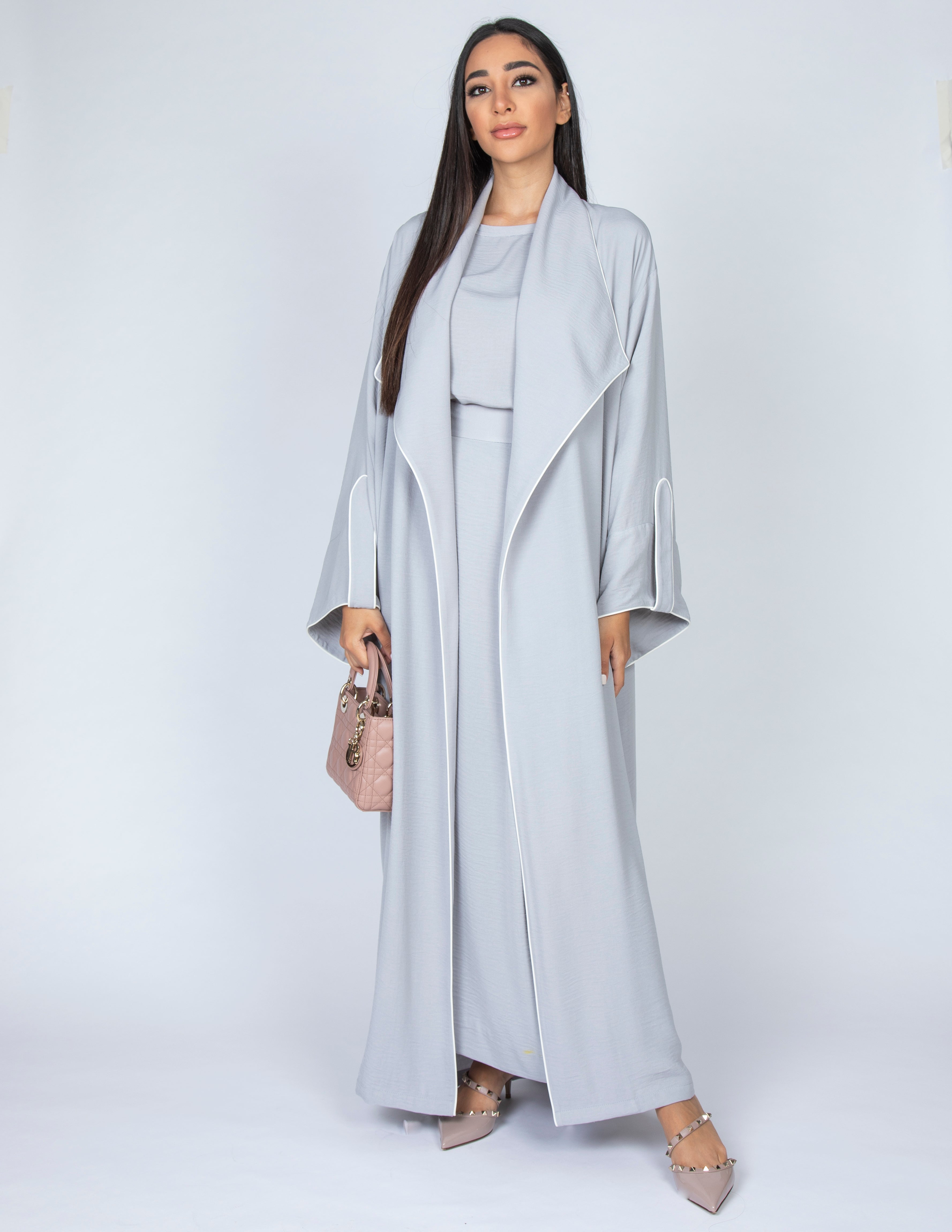SS20  GREY WORK ABAYA  WITH DRAPE LAPEL