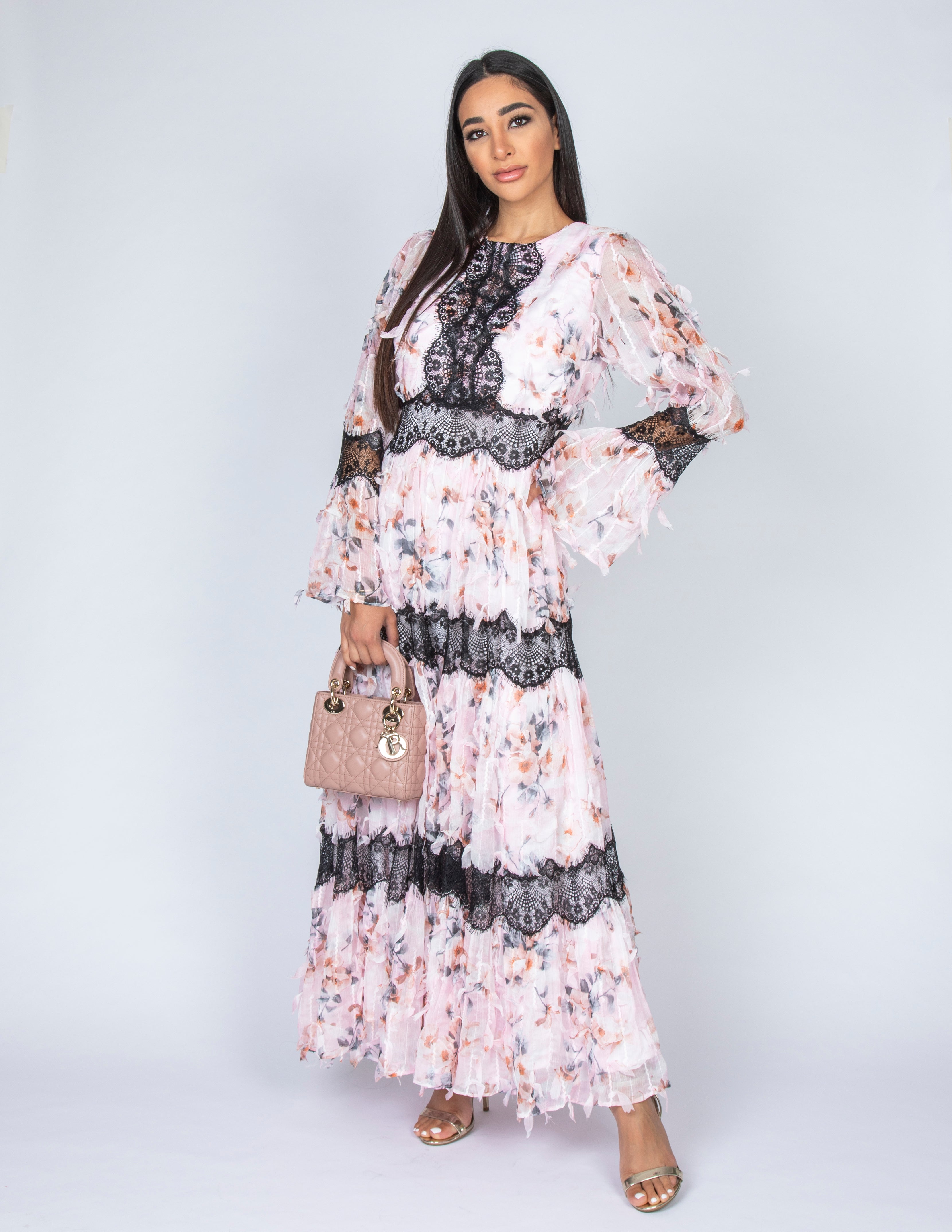 CANDICE PINK CHIFFON FRILL & LACE DRESS
