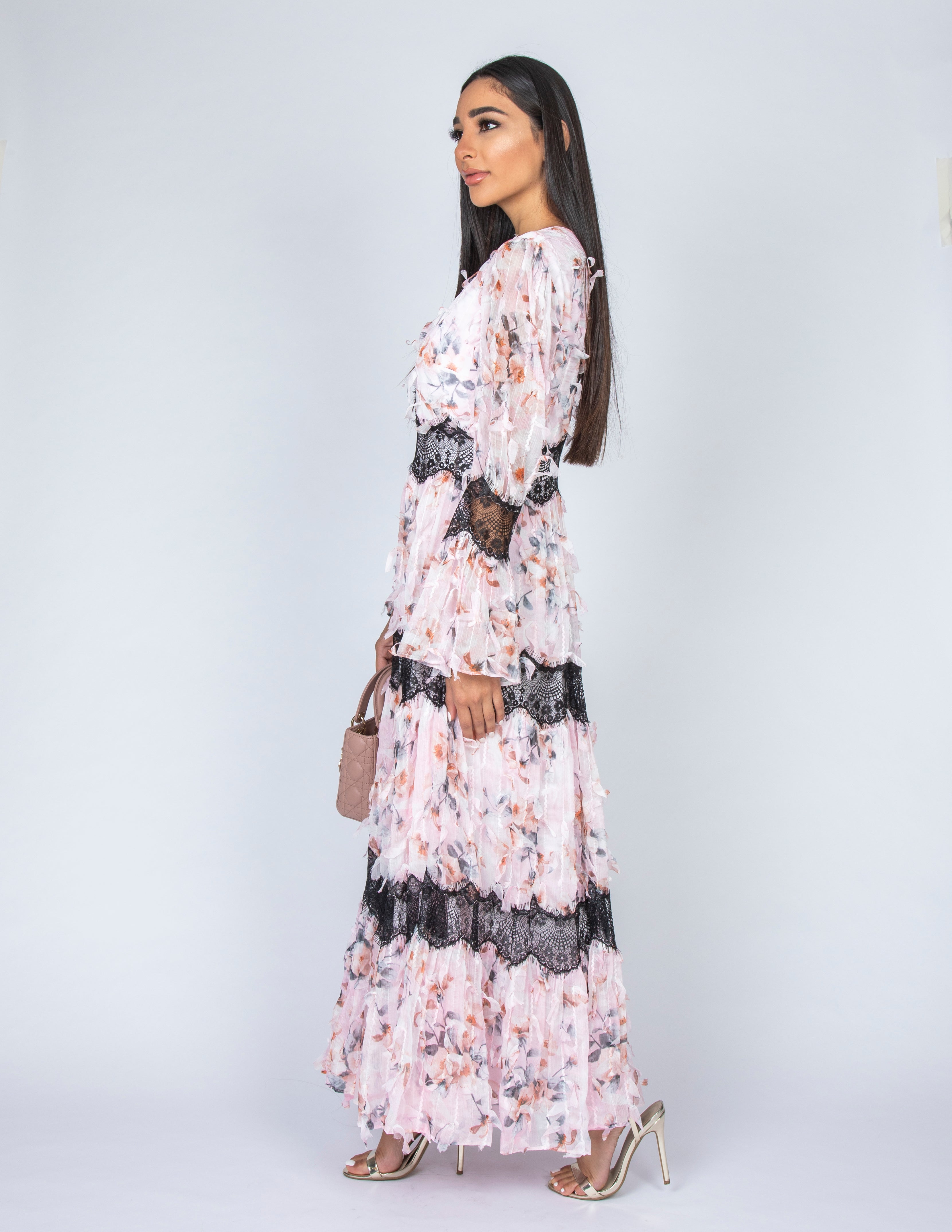 CANDICE PINK CHIFFON FRILL & LACE DRESS