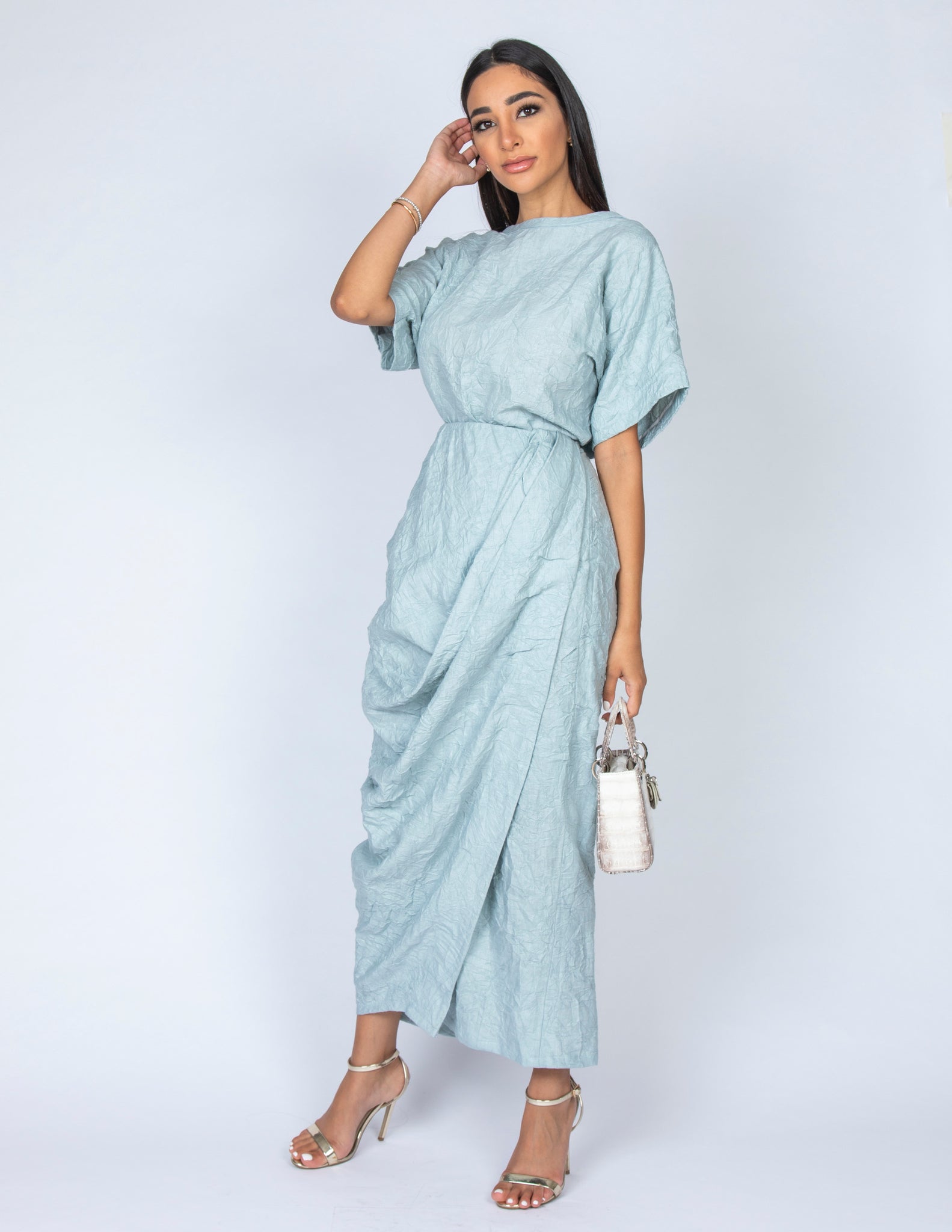 SS20  ORGANIC AQUA CRUSHED LINEN T SHIRT & FAUX WRAP DRAPE SKIRT SET