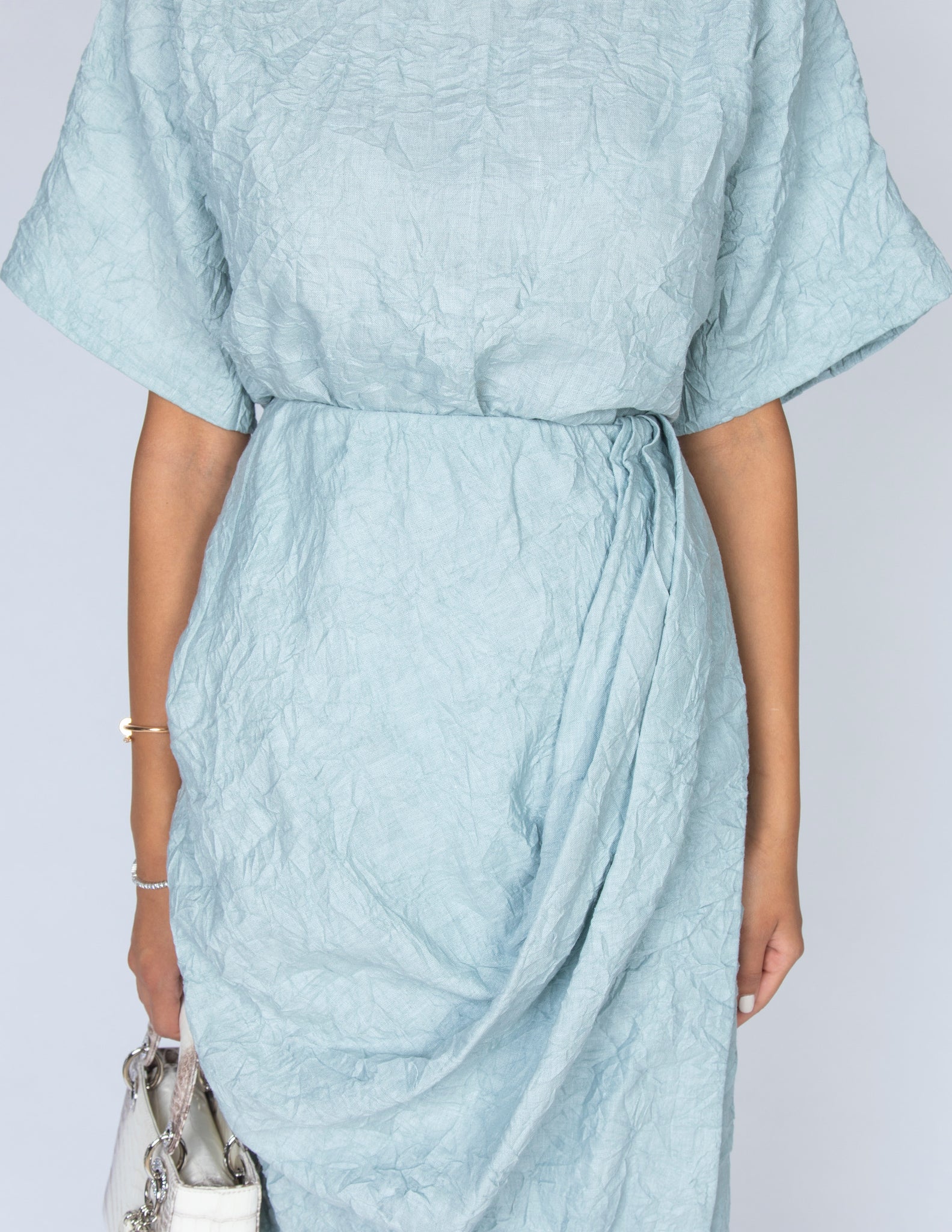 SS20  ORGANIC AQUA CRUSHED LINEN T SHIRT & FAUX WRAP DRAPE SKIRT SET