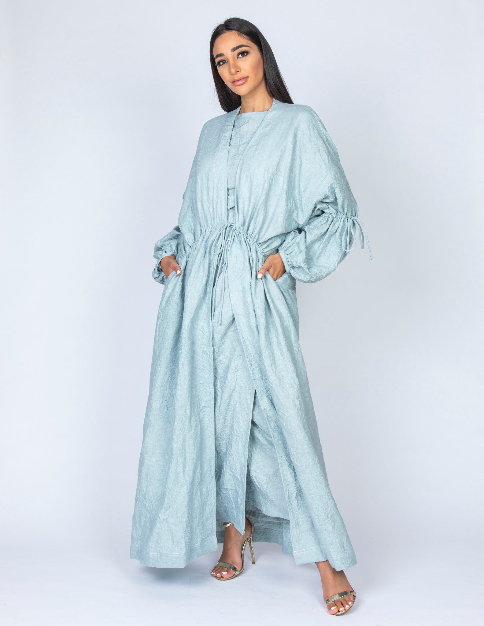 SS20  ORGANIC AQUA CRUSHED LINEN T SHIRT & FAUX WRAP DRAPE SKIRT SET