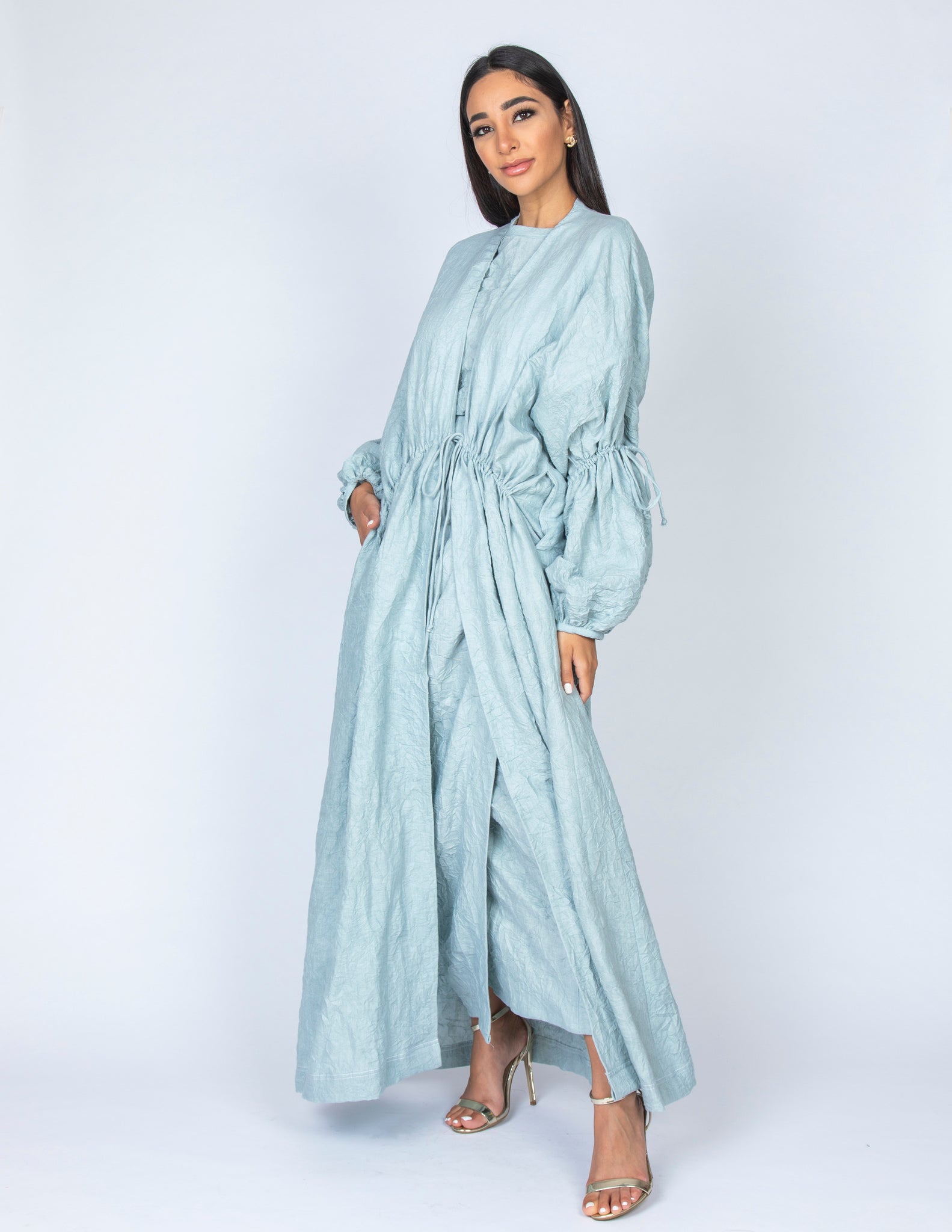 SS20 ORGANIC CRUSHED LINEN AQUA DRAWSTRING ABAYA