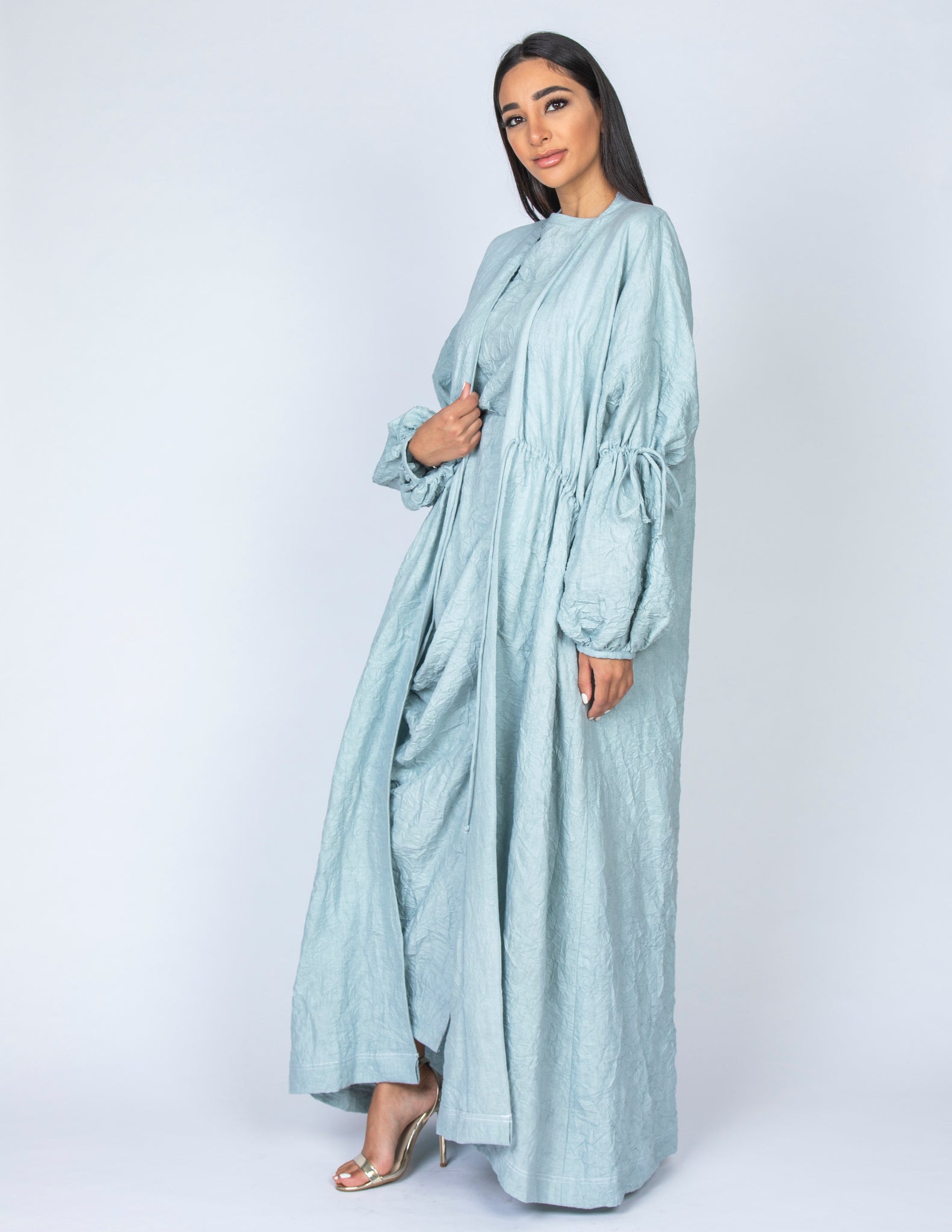 SS20 ORGANIC CRUSHED LINEN AQUA DRAWSTRING ABAYA