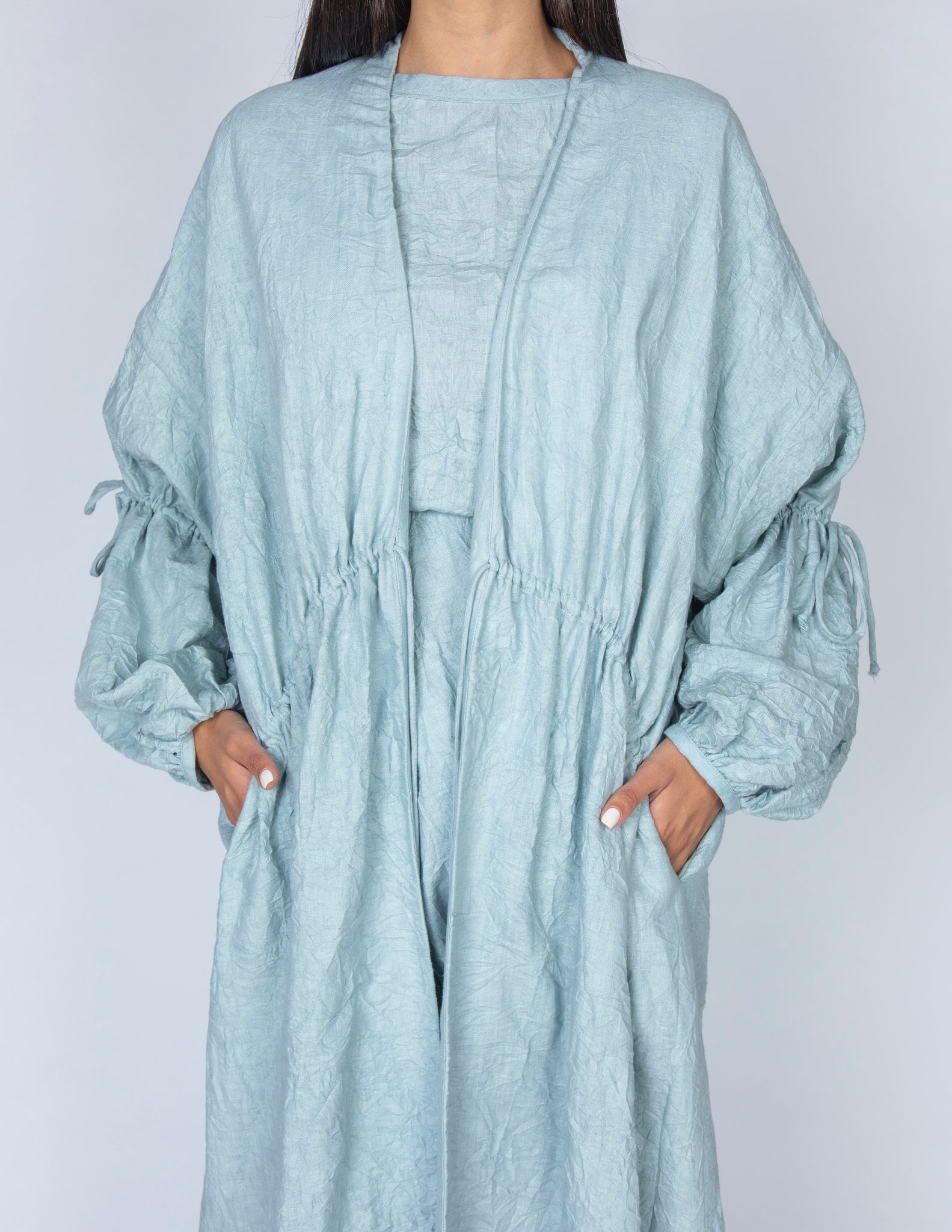 SS20 ORGANIC CRUSHED LINEN AQUA DRAWSTRING ABAYA