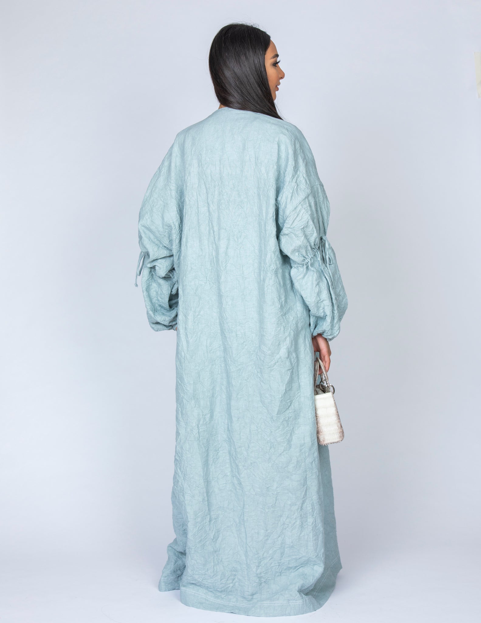 SS20 ORGANIC CRUSHED LINEN AQUA DRAWSTRING ABAYA