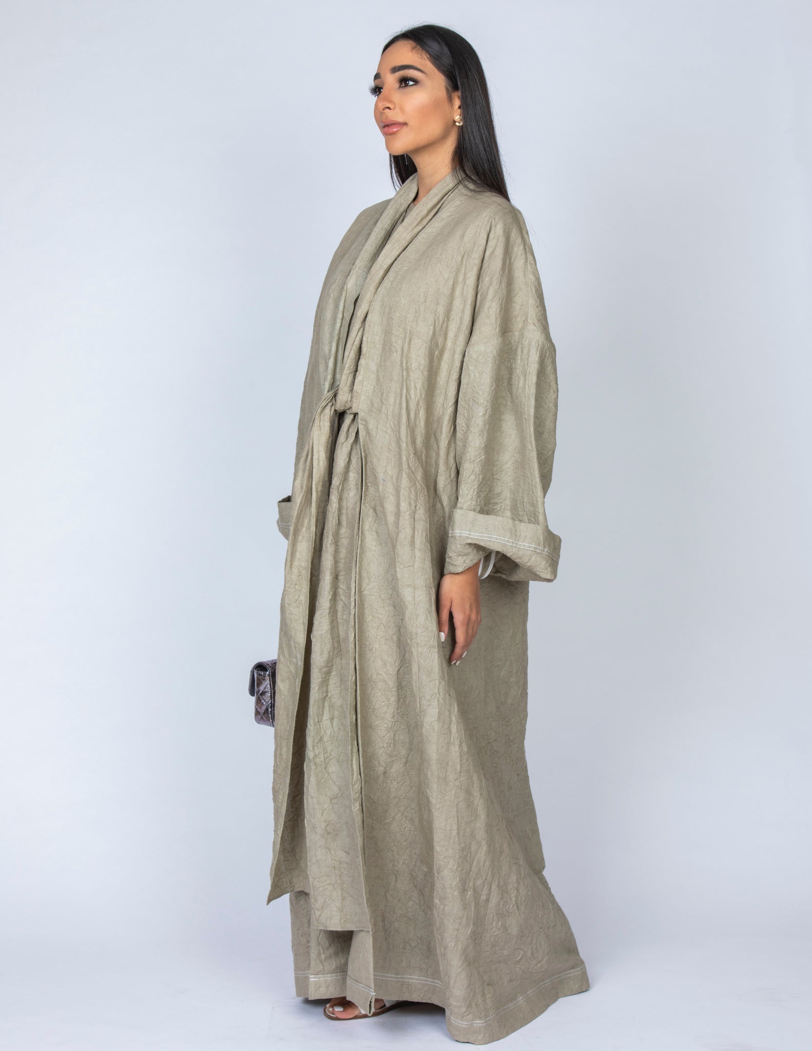 SS20 ORGANIC CRUSHED LINEN MOSS GREEN ABAYA