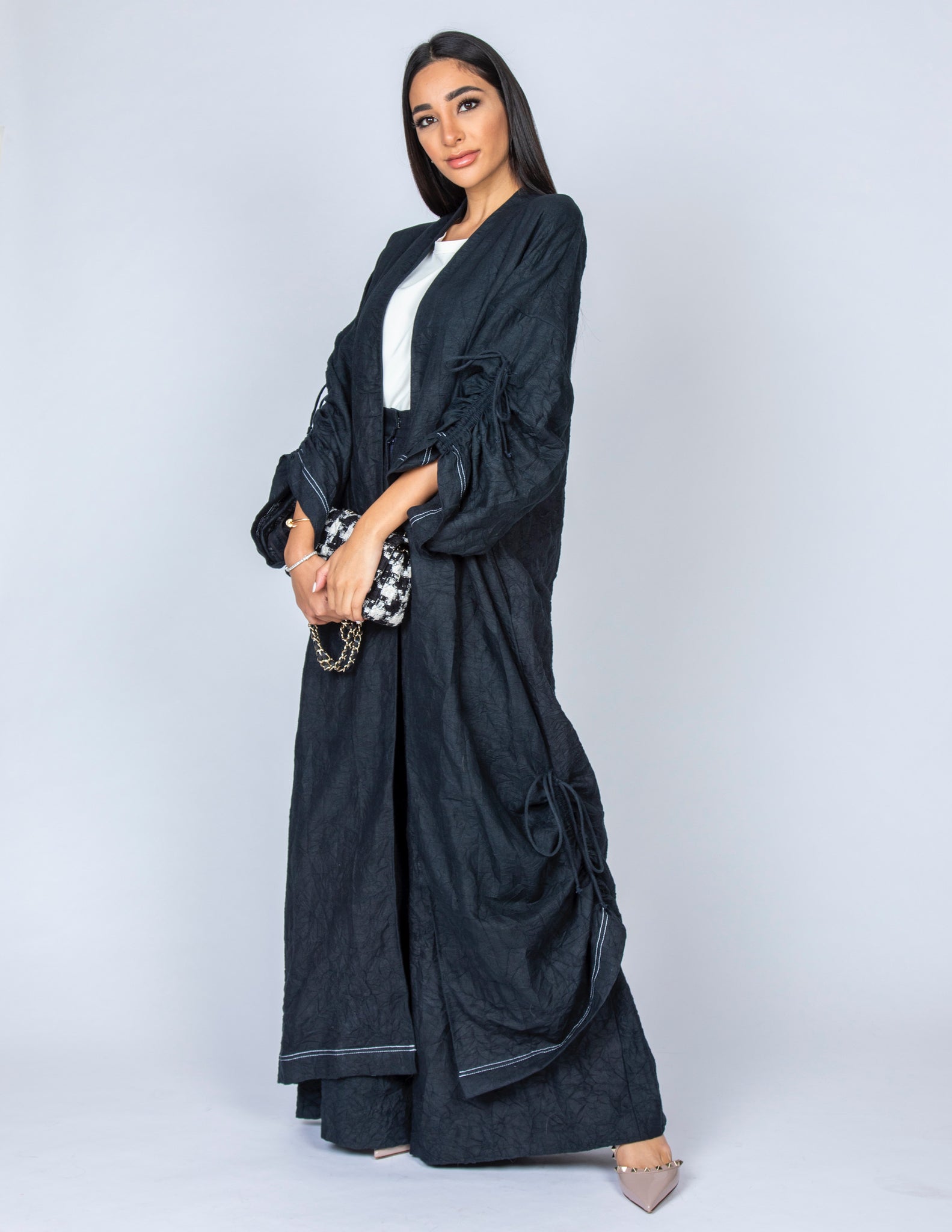 SS20 ORGANIC CRUSHED LINEN BLACK ABAYA DUSTER