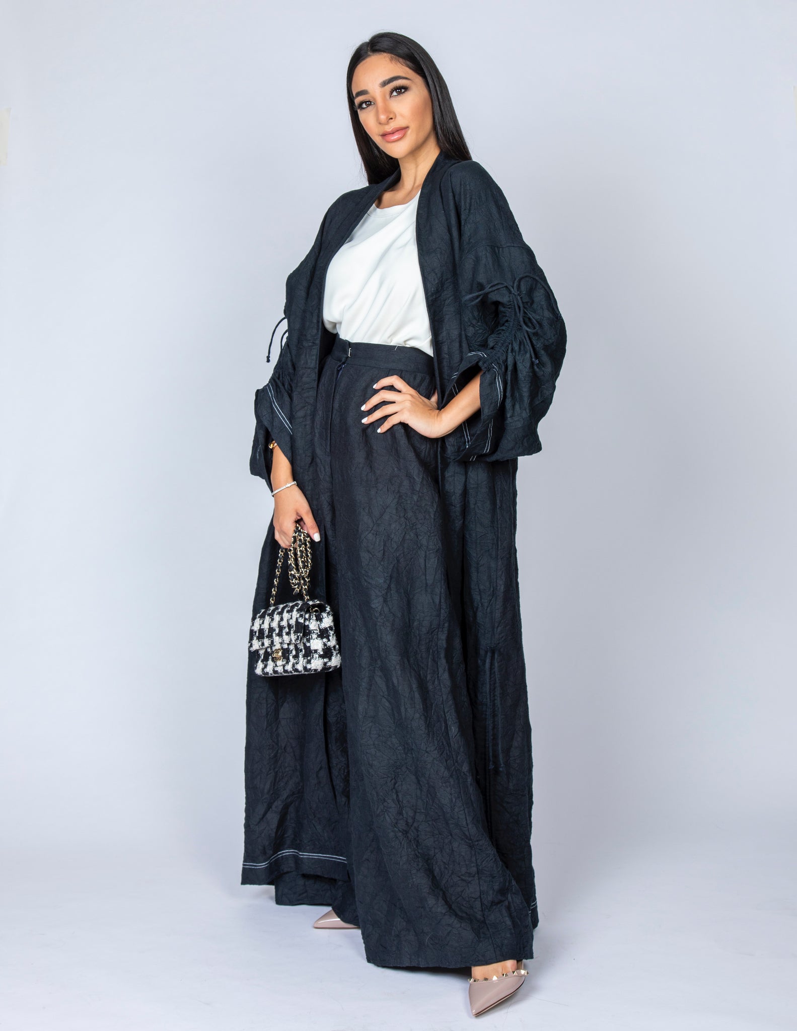 SS20 ORGANIC CRUSHED LINEN BLACK ABAYA DUSTER