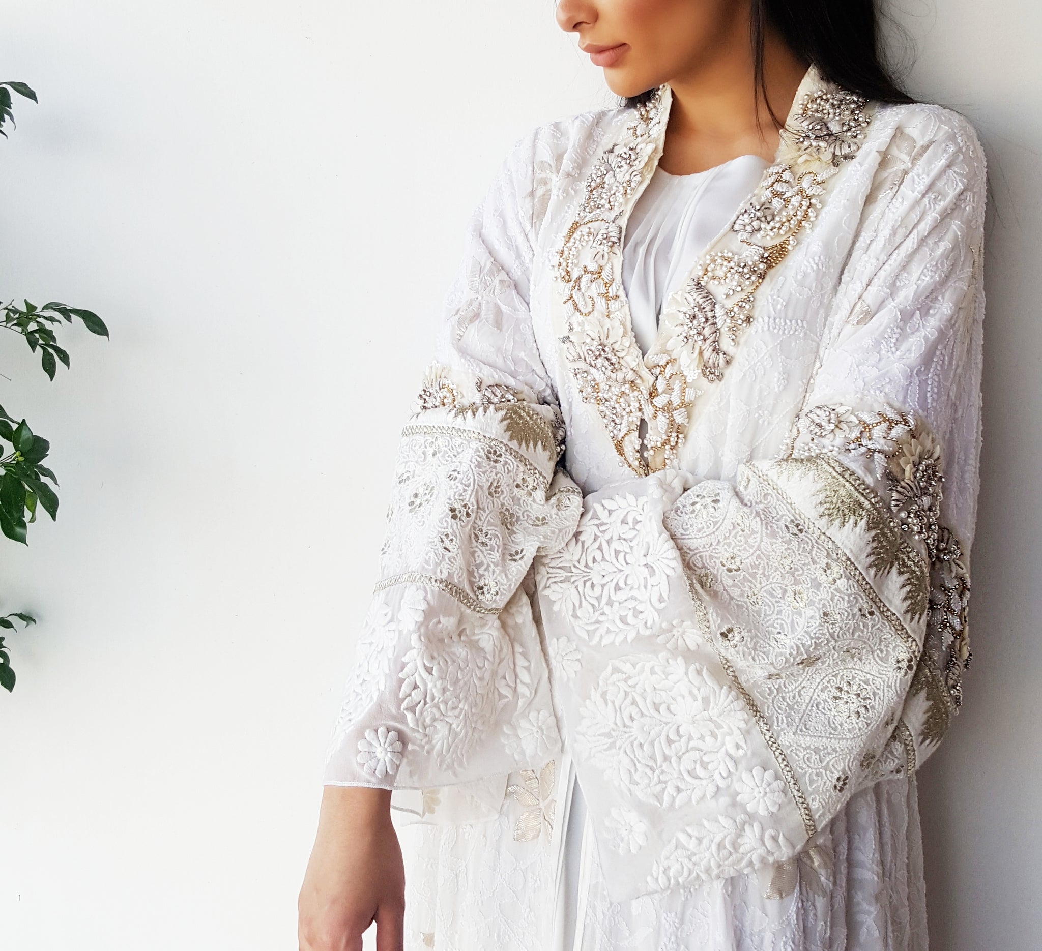 Qabeela Bridal Abaya in Off White Hand Embroidered With Matt gold Embellishments