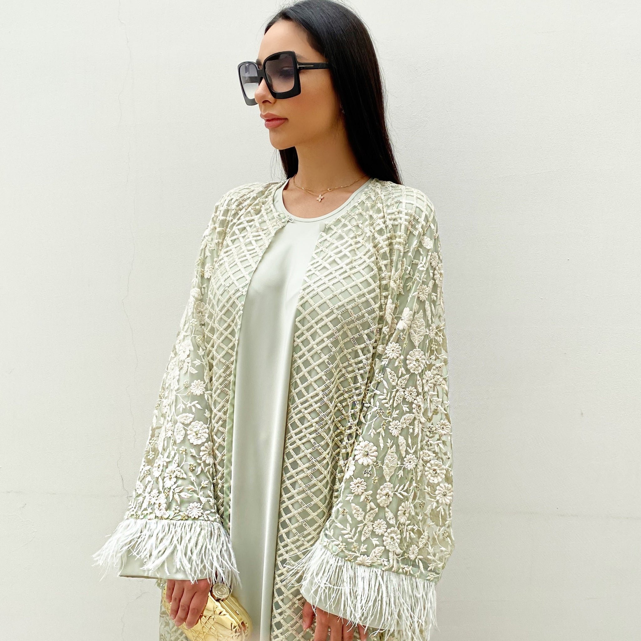 RAM20 MINT GREEN TULLE SEQUINS & EMROIDERED ABAYA SET LIMITED EDITION